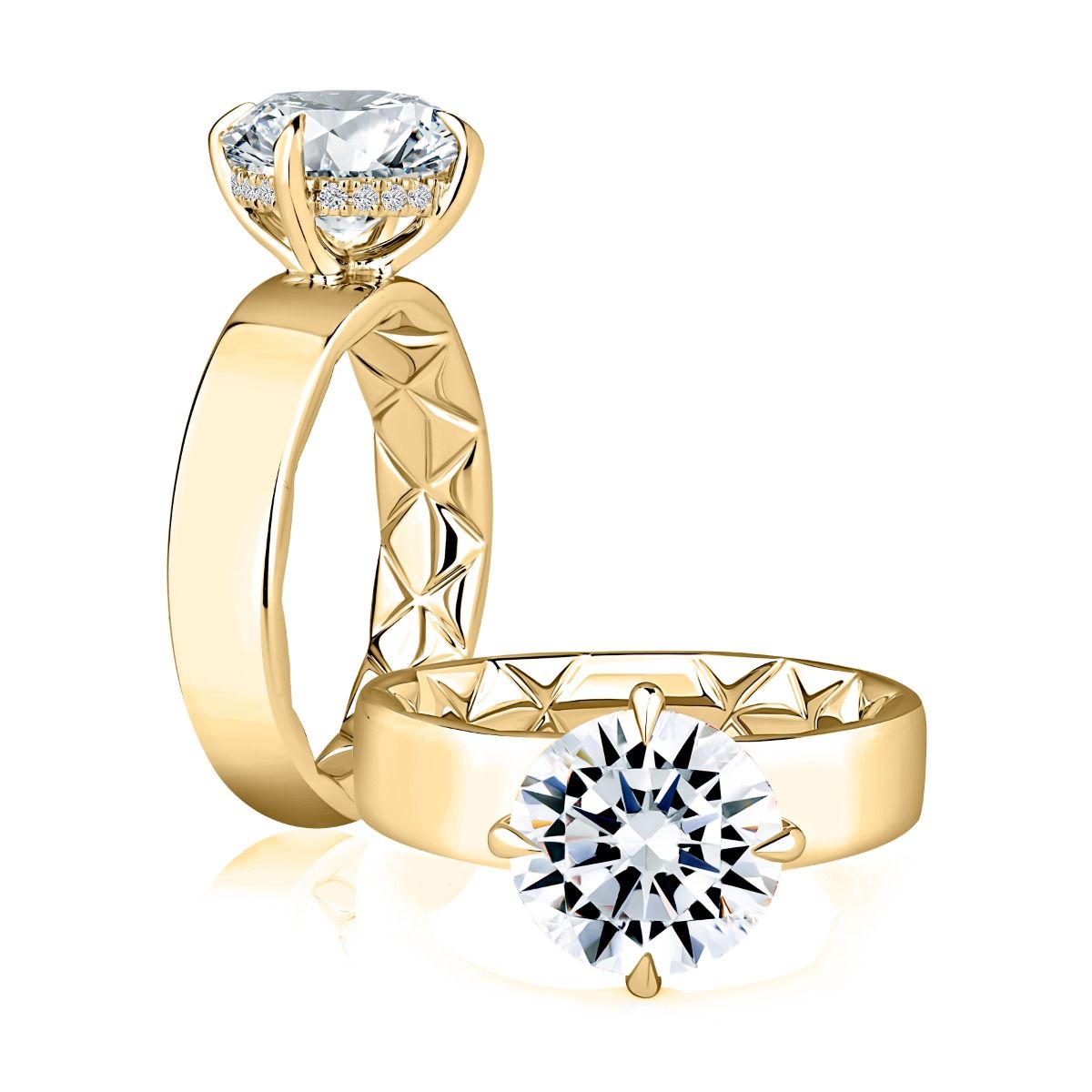 Wide Band Round Center Diamond Engagement Ring with Hidden Halo and Quilts® Interior