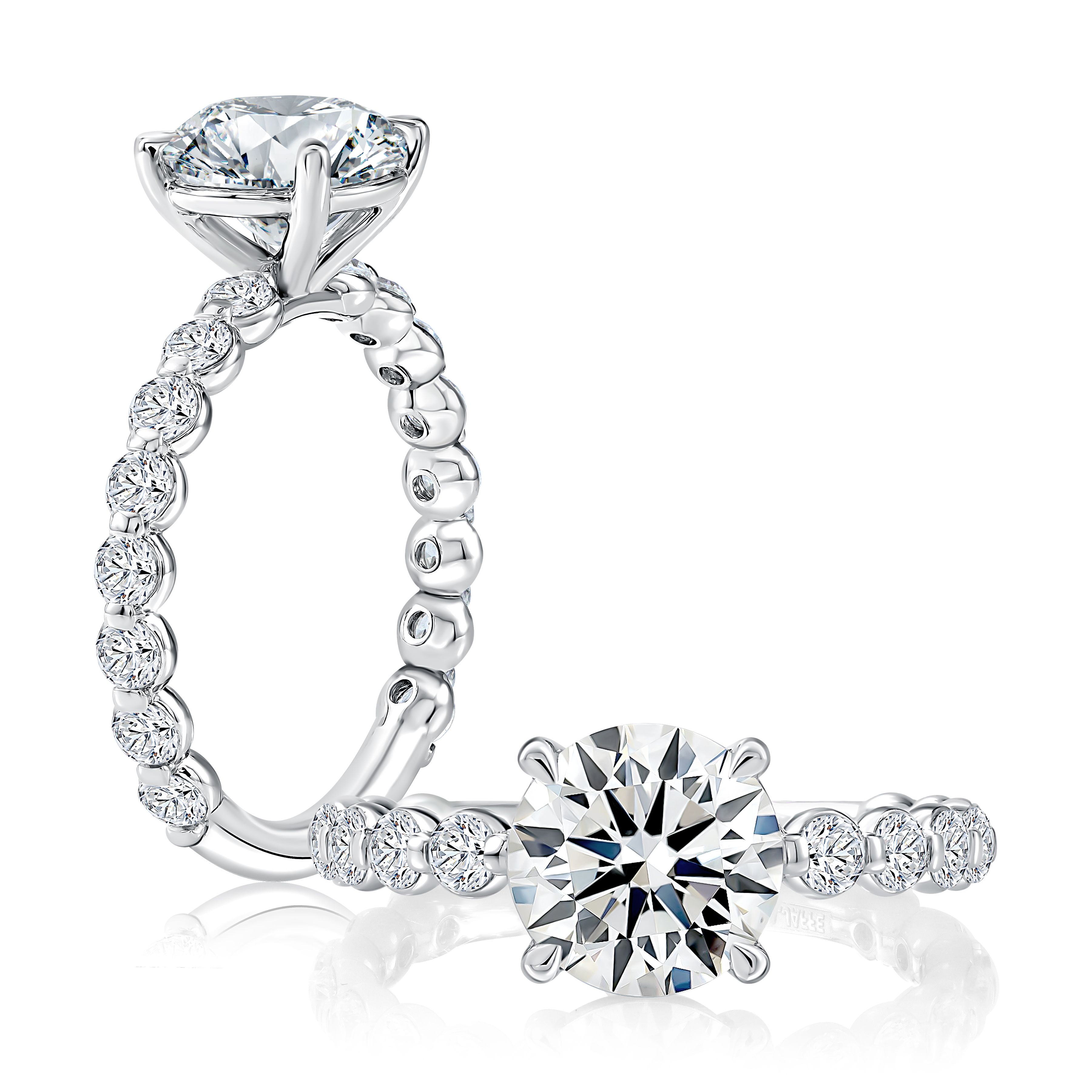 Round Center Diamond Engagement Ring with Lotus Single Shared Prong Diamond Band