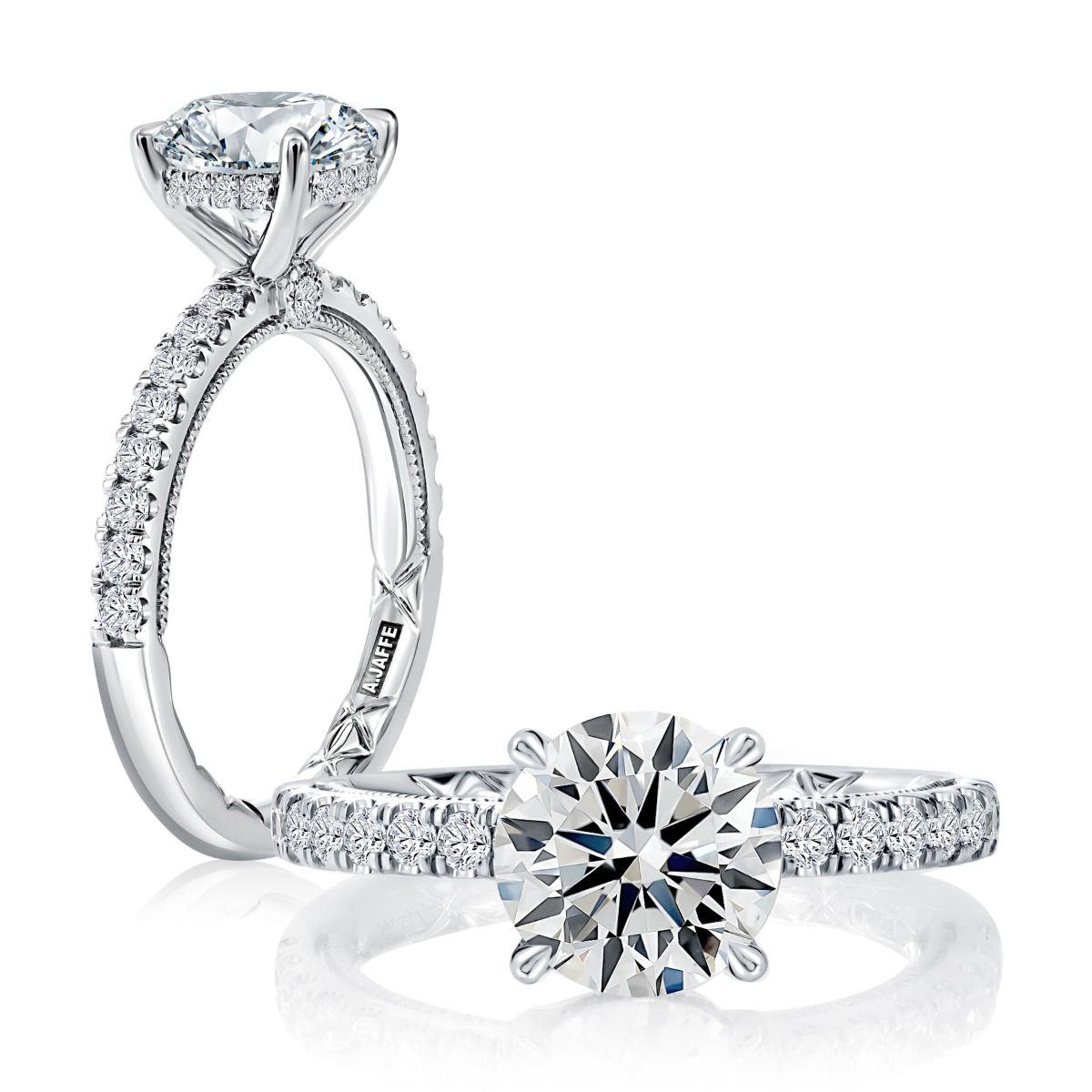 Round Cut Diamond Engagement Ring with Pave Band and Classic Prong Setting