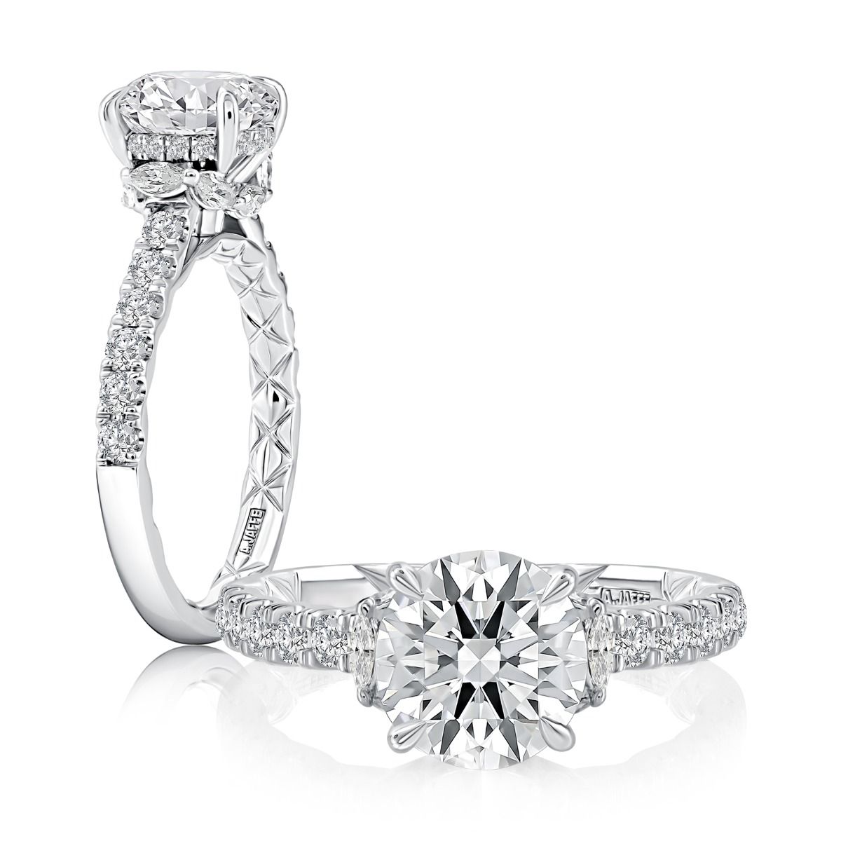 Round Floral Hidden Halo Engagement Ring with Quilts®