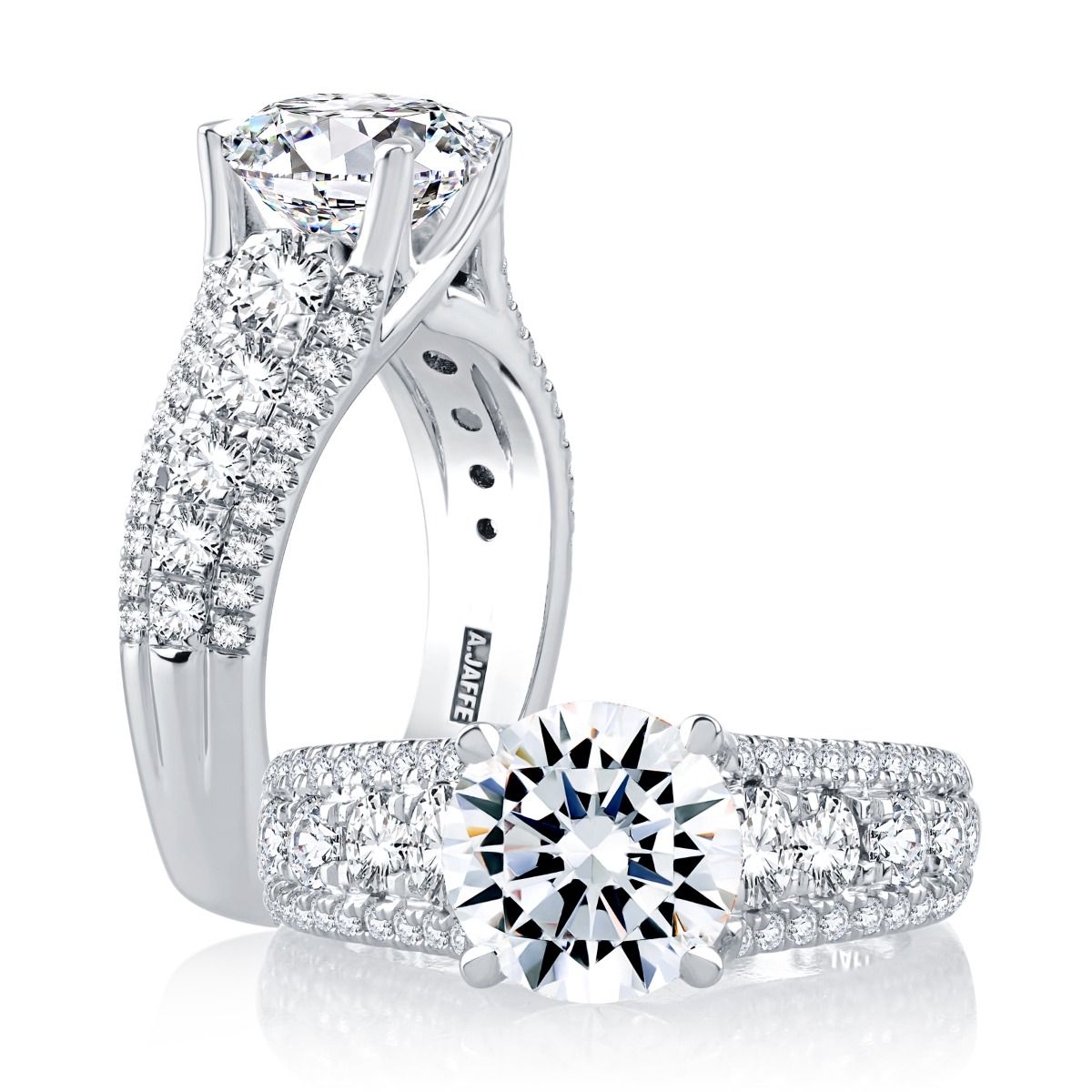 Modern Three Row Diamond Pave Engagement Ring