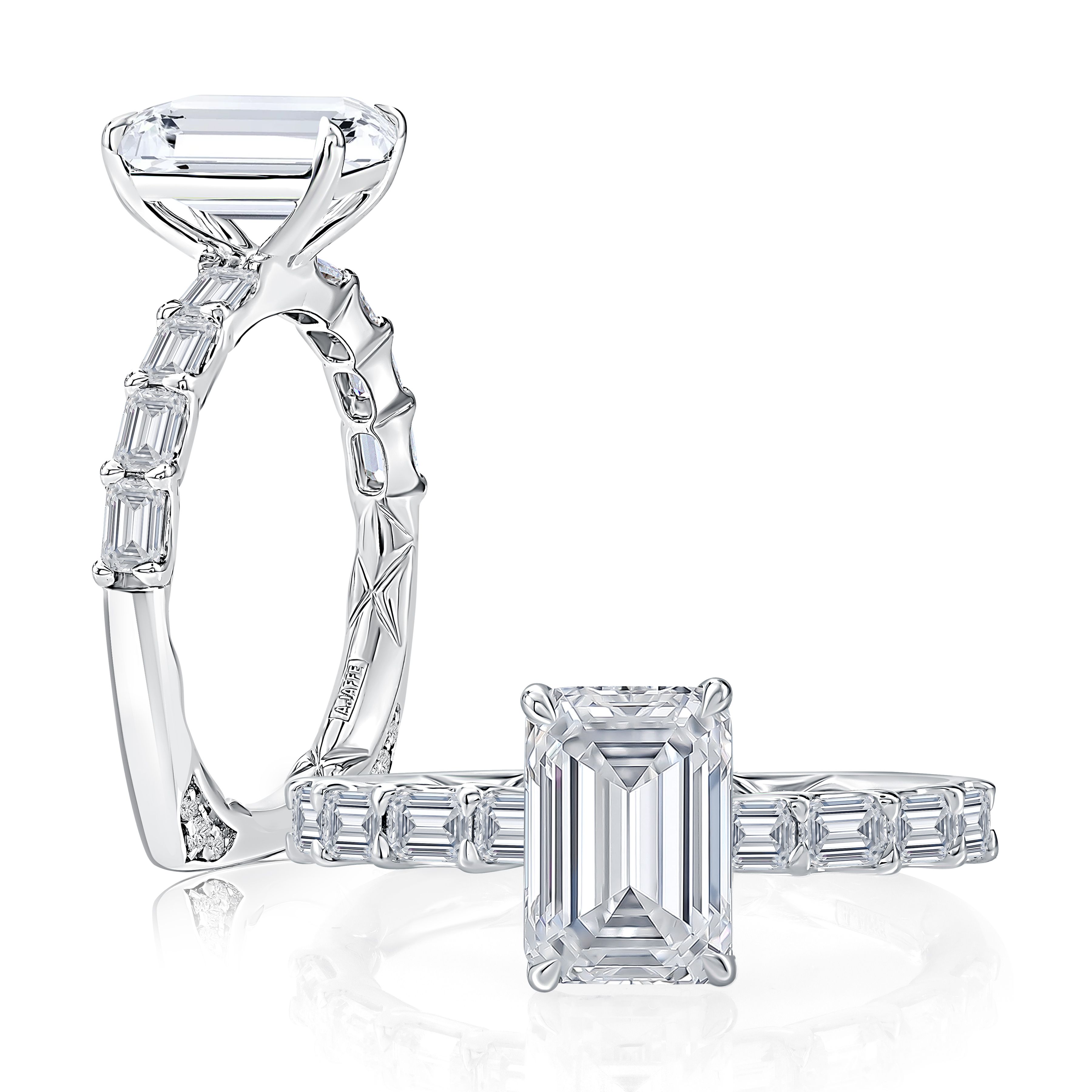 Emerald Center Diamond Engagement Ring with East West Set Emerald Diamond Band and Signature Foundation®