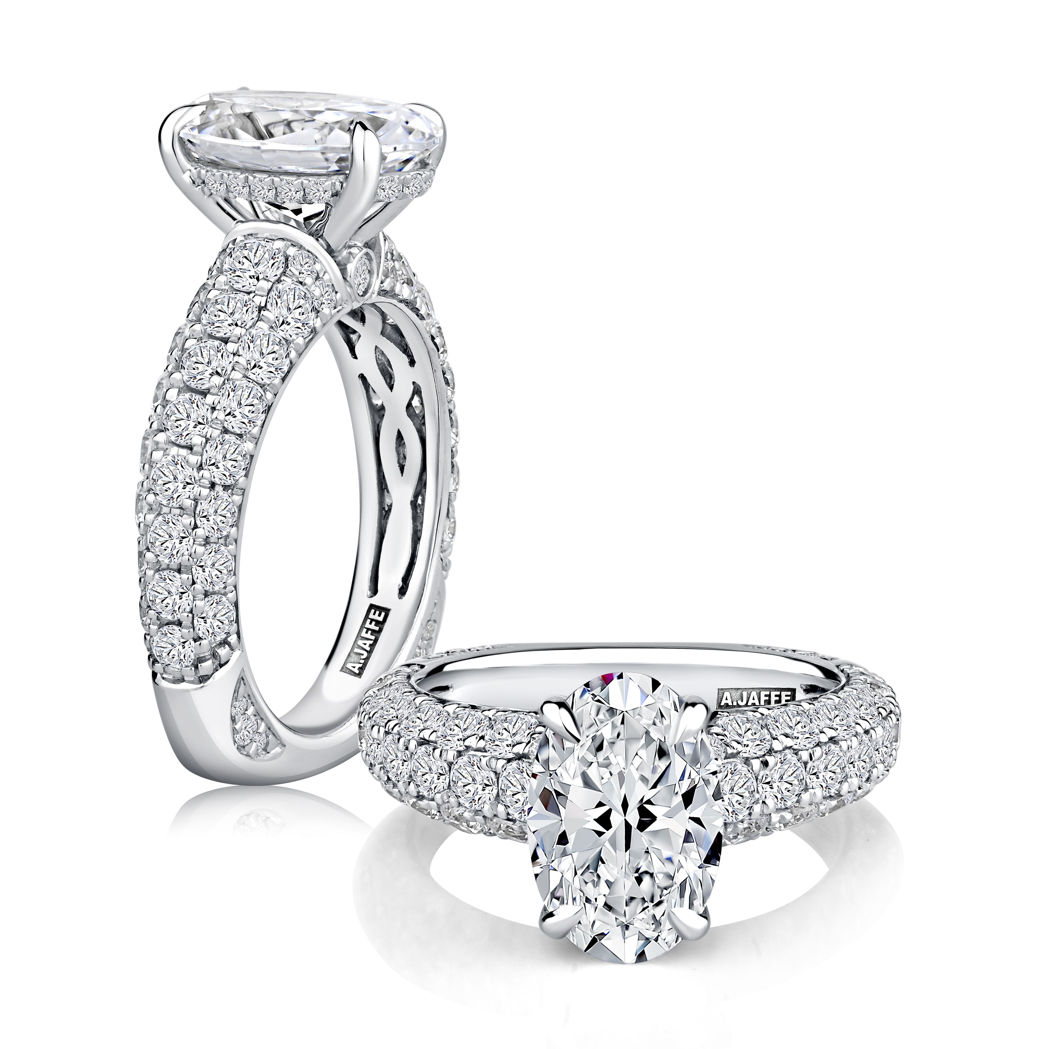 Oval Cut Diamond Engagement Ring with Wide Pave Band and A.Jaffe Signature Foundation®