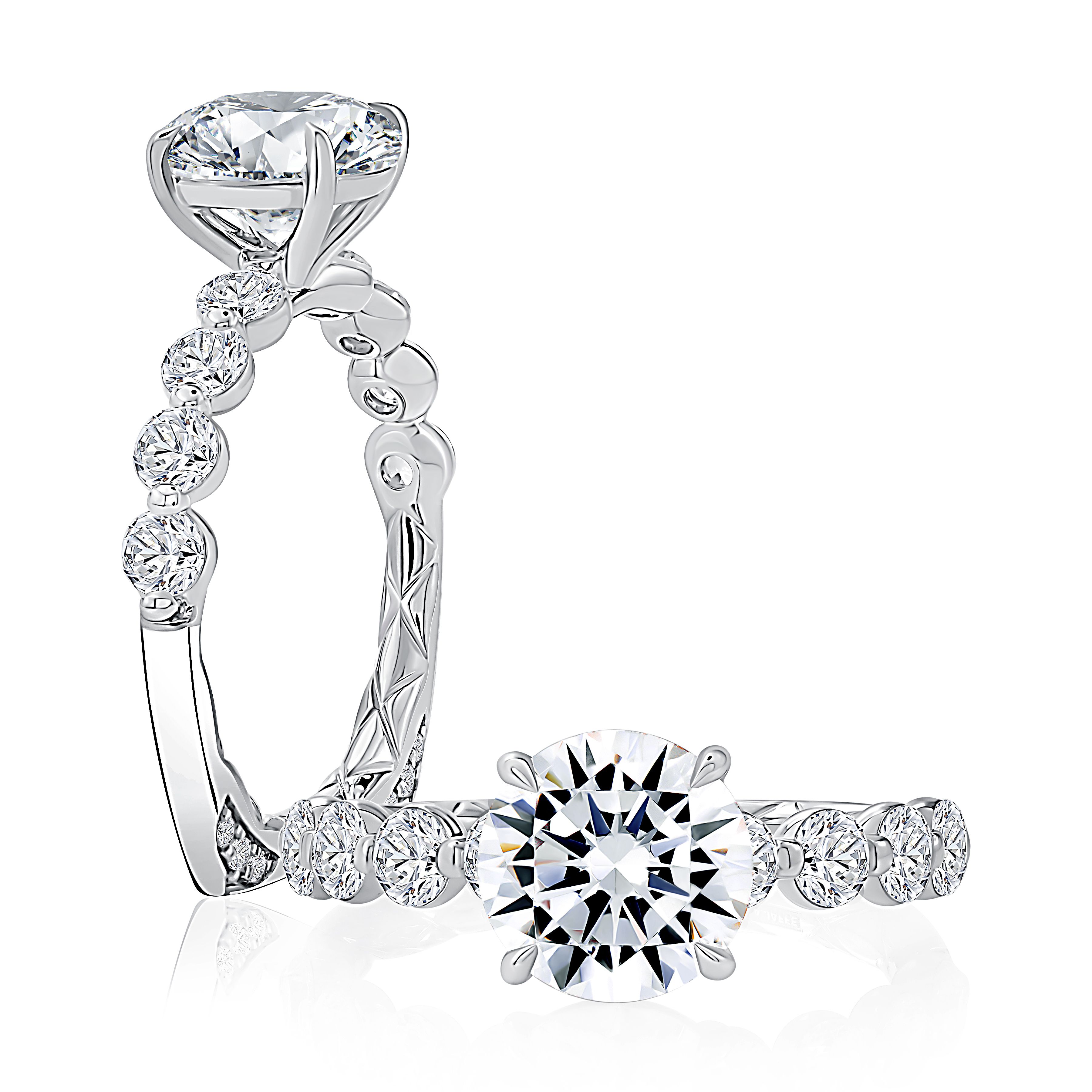 Unique Round Center Engagement Ring with Single Lotus Shared Prong Diamond Signature Foundation® Band and Quilts® Interior Band