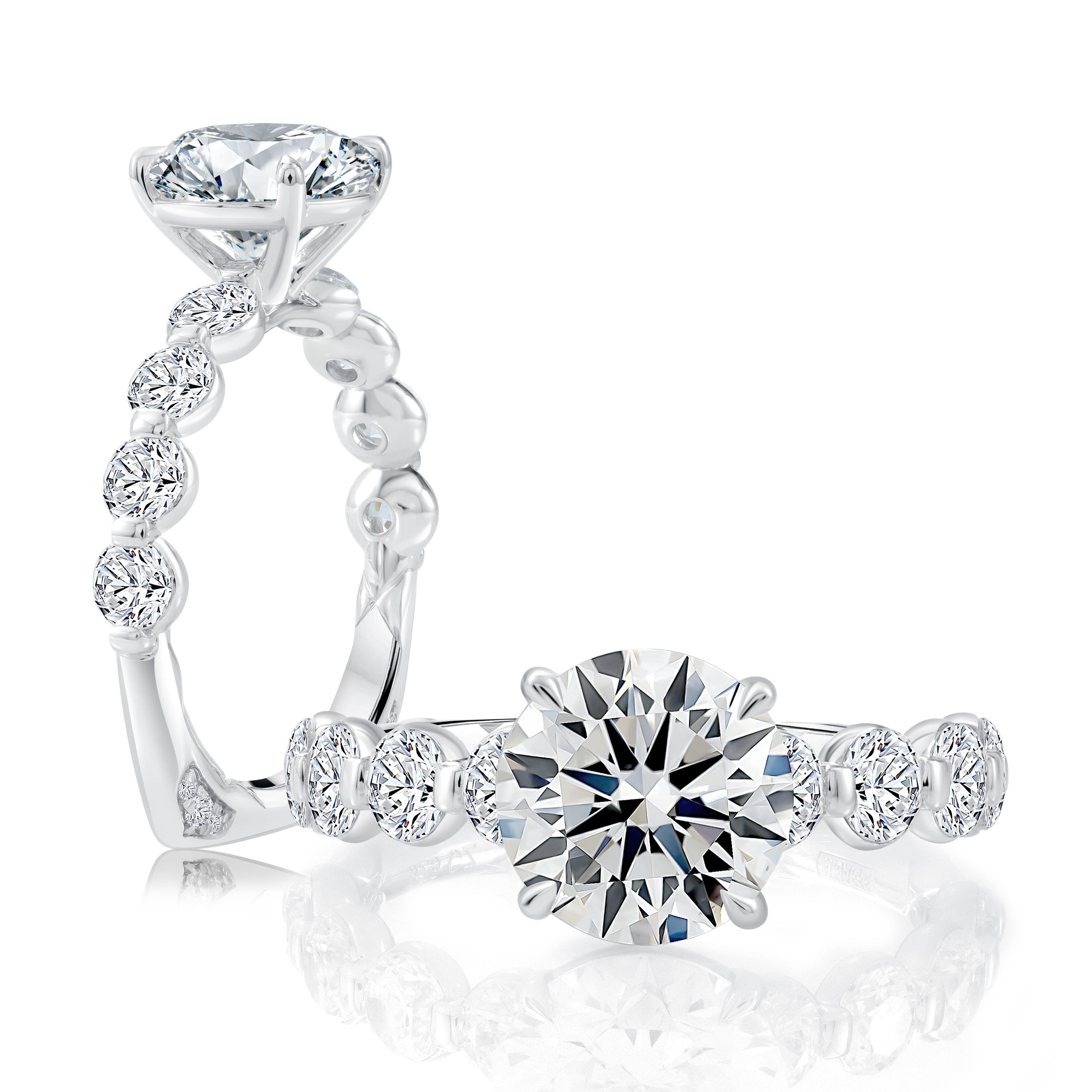 Round Center Diamond Engagement Ring with Lotus Prong Diamond Band and Signature Foundation®