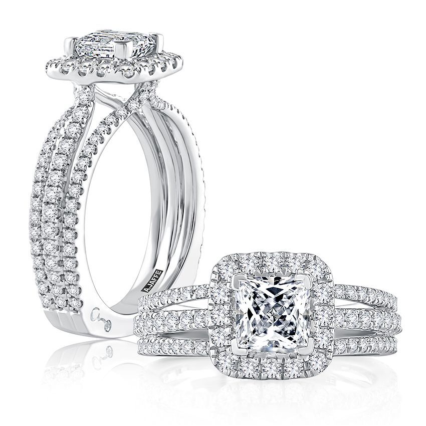 Diamond princess cut with diamond halo and three row diamond foundation