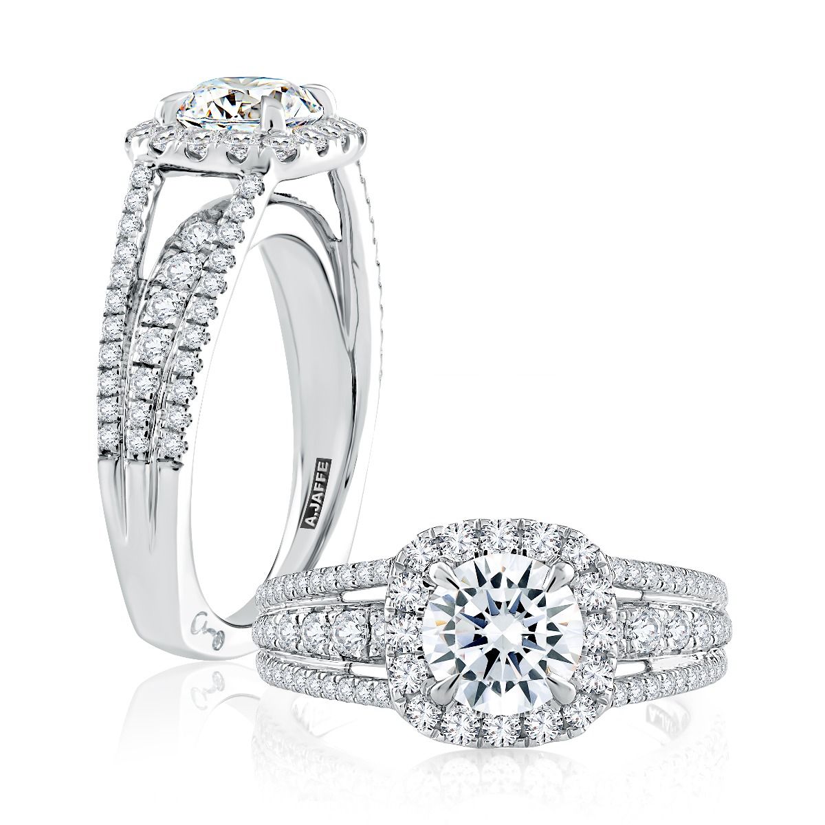 Triple Split Foundation Halo Round Cut Diamond Engagement Ring