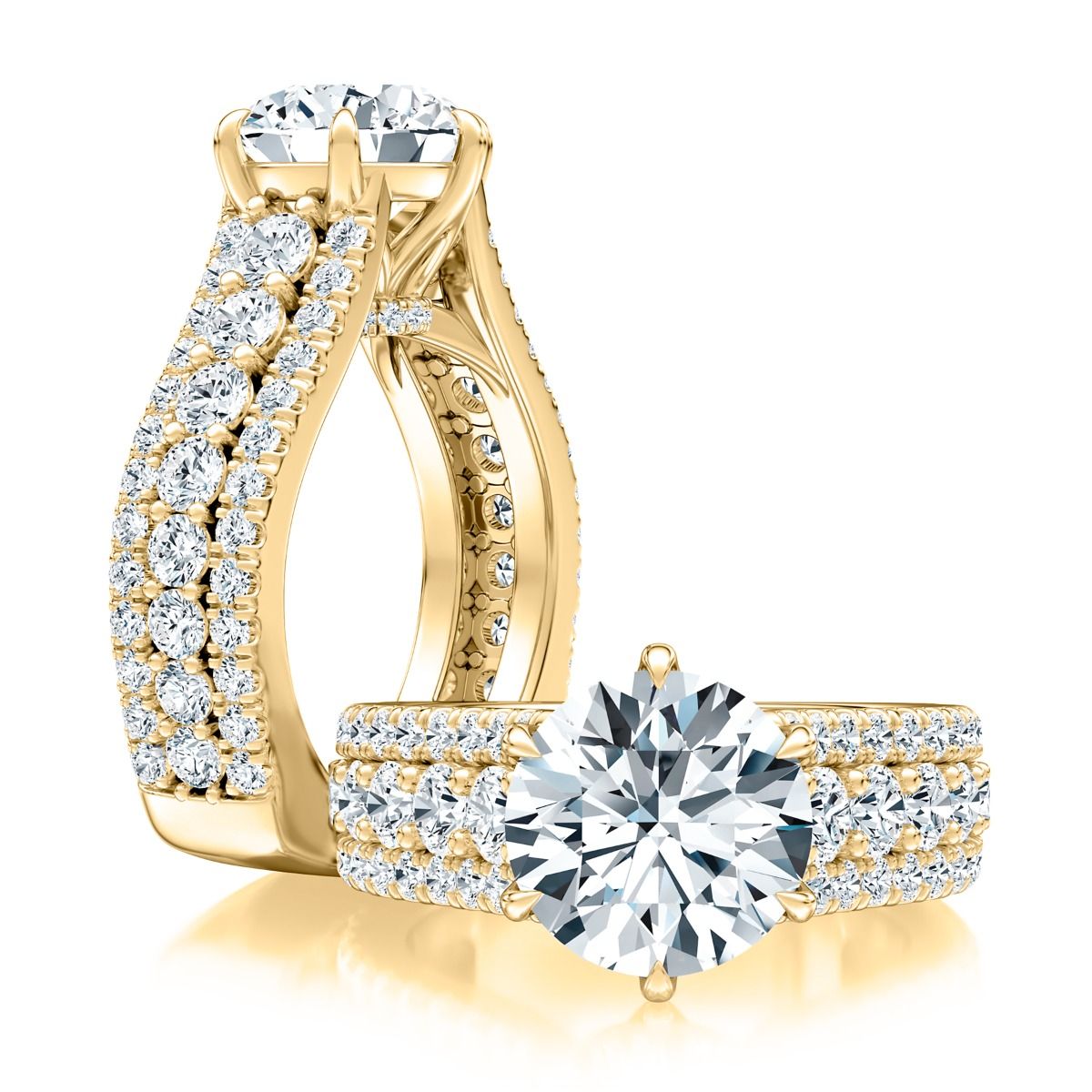 Modern Three Row Diamond Pave Engagement Ring