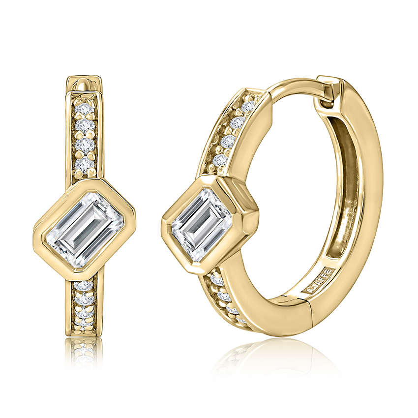 bezel set huggies with emerald cut
