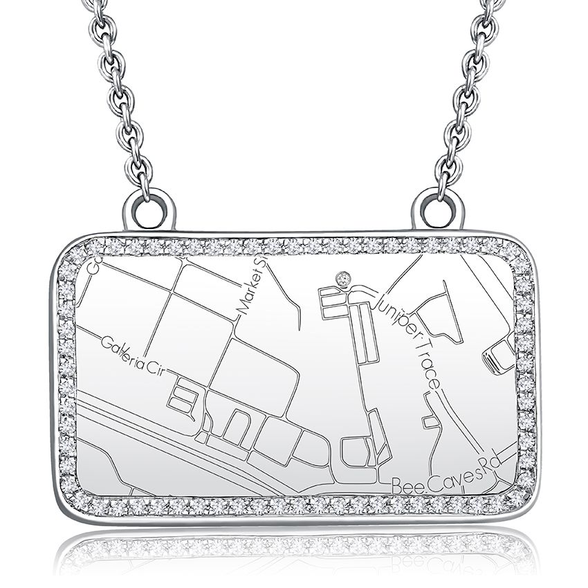 Sterling Silver Rectangle Map Necklace with Diamond Border