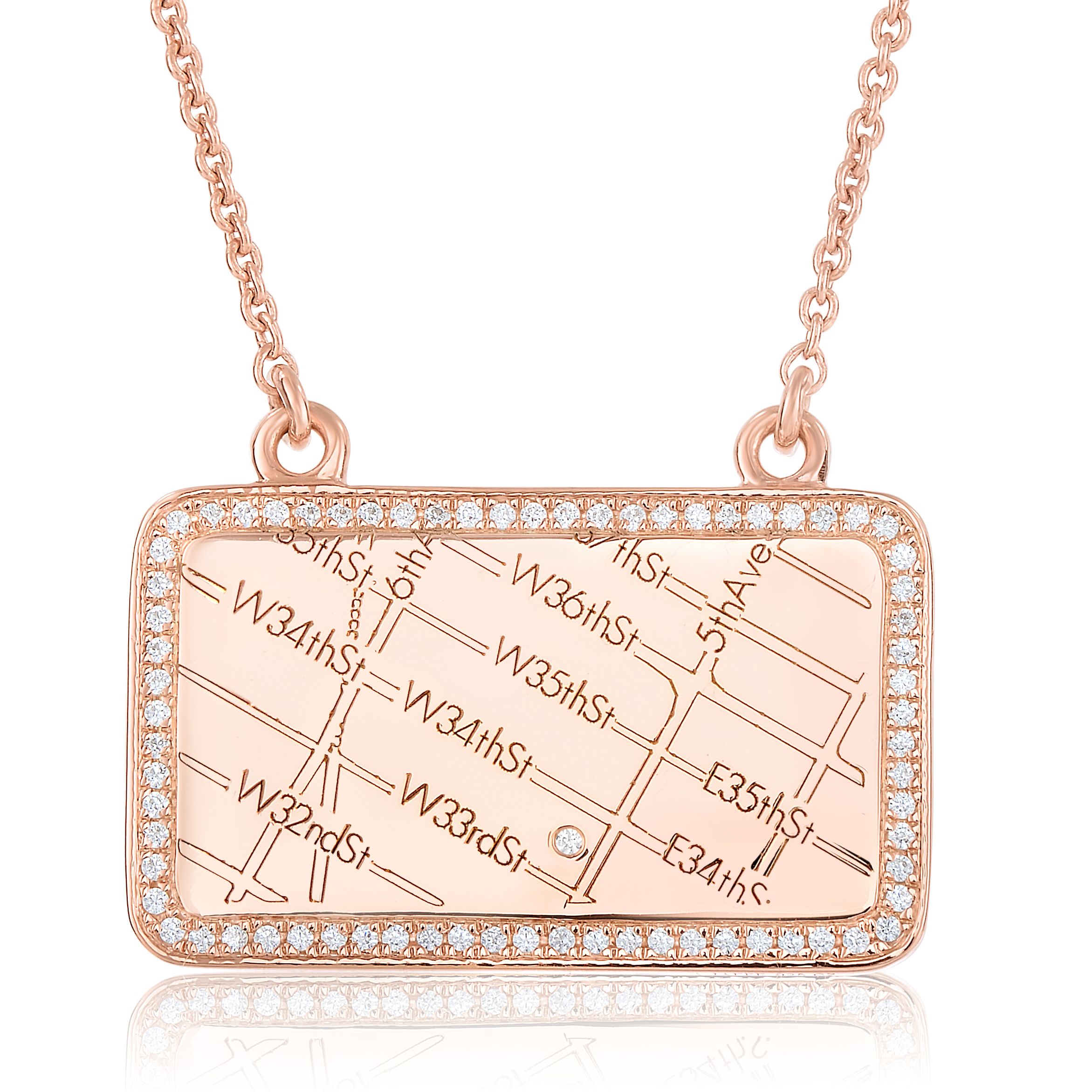 14k Rose Gold Rectangle Map Necklace with Diamond Border