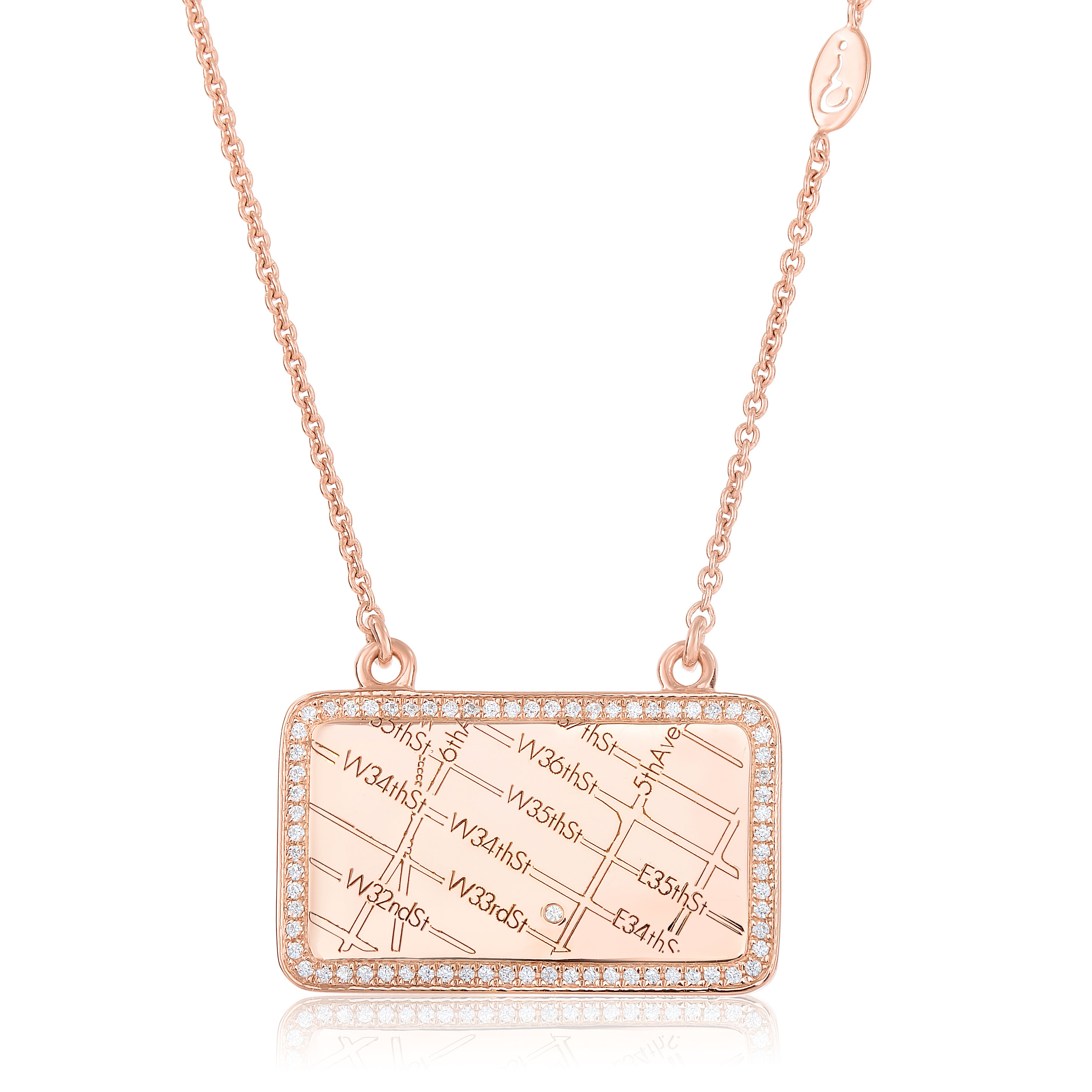 14k Rose Gold Rectangle Map Necklace with Diamond Border
