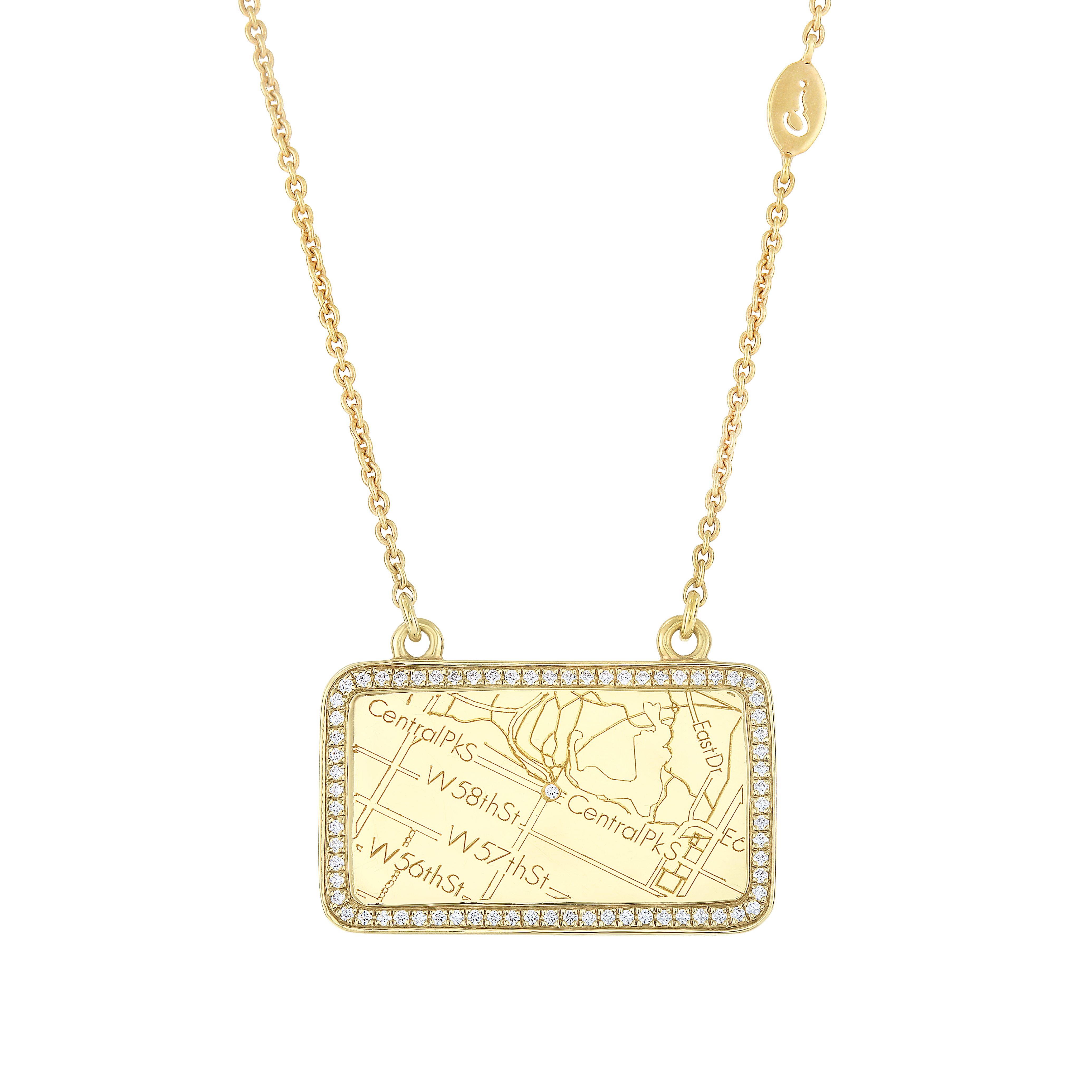 14k Yellow Gold Rectangle Map Necklace with Diamond Border