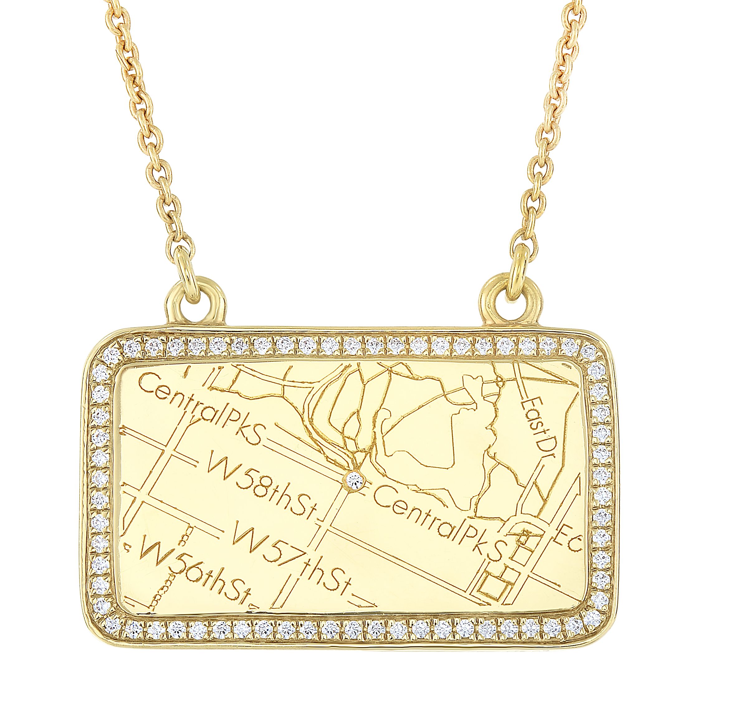 14k Yellow Gold Rectangle Map Necklace with Diamond Border