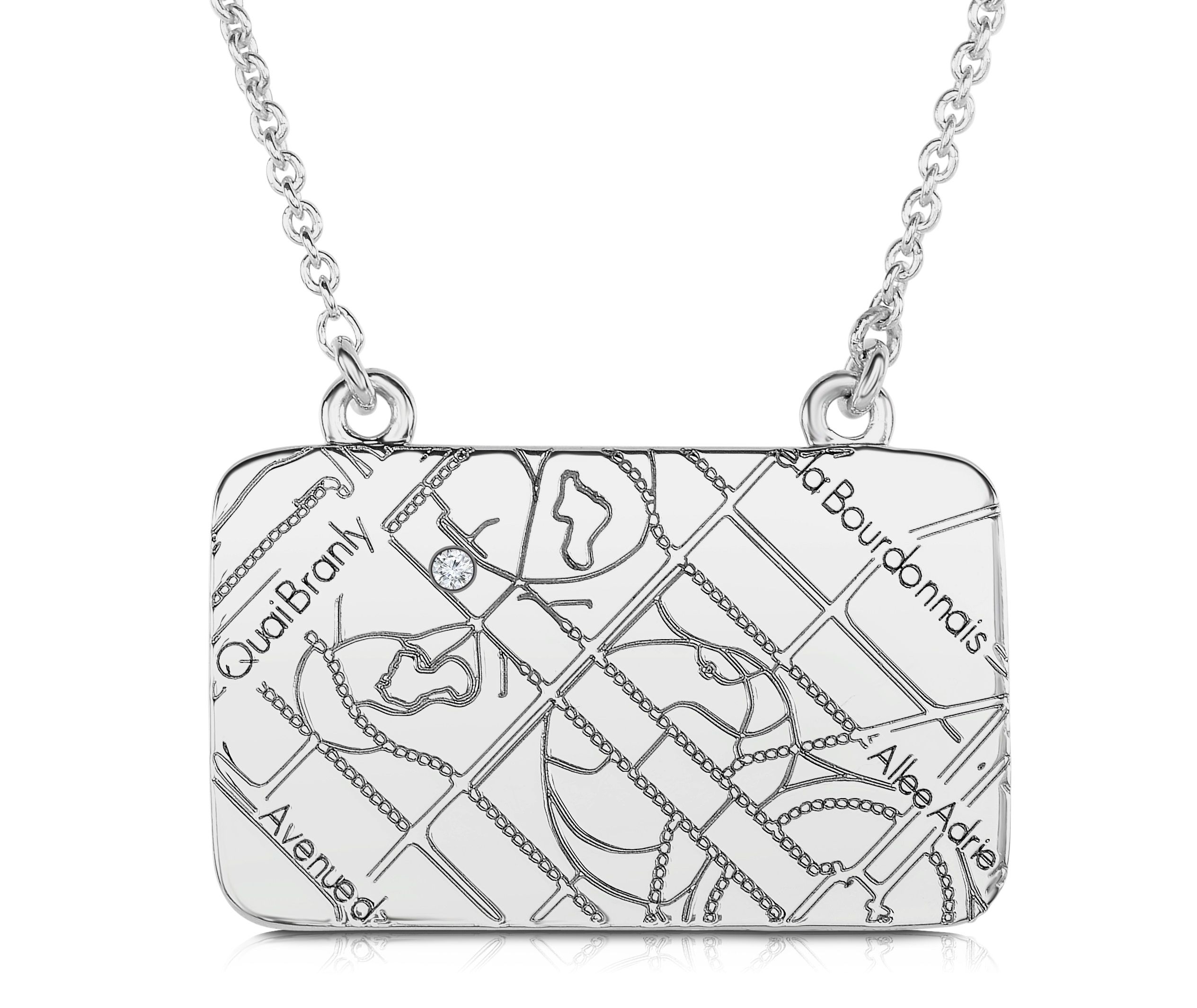 14k White Gold Rectangle Map Necklace