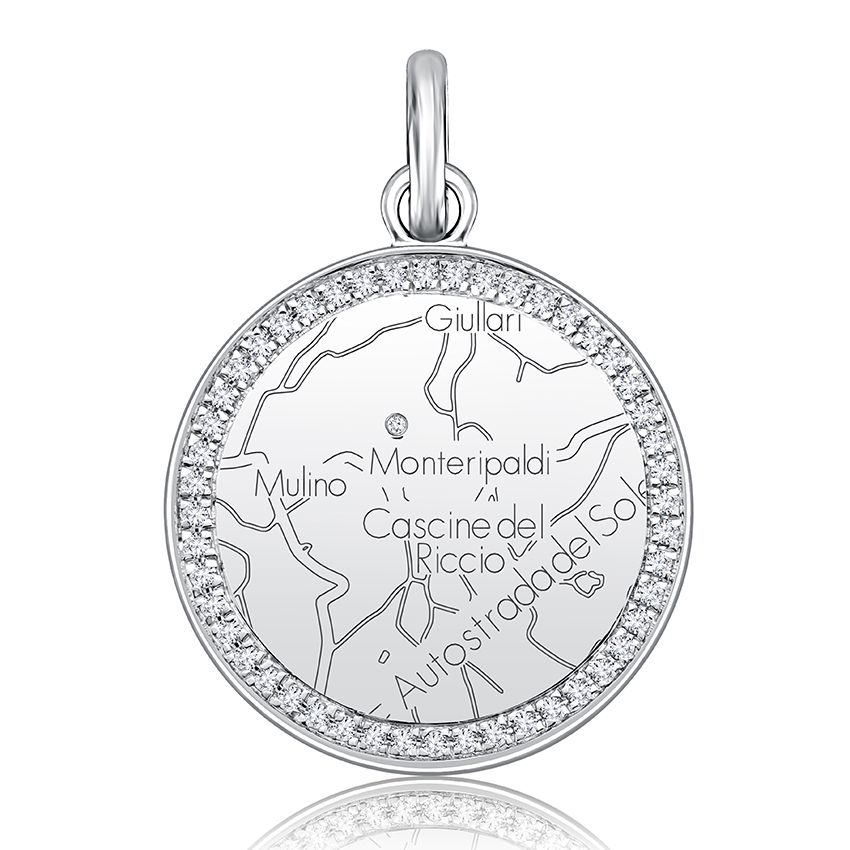 Sterling Silver Circle Map Pendant with Diamond Border