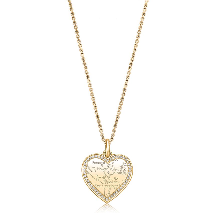 Yellow Gold Heart Map Pendant with Diamond Border