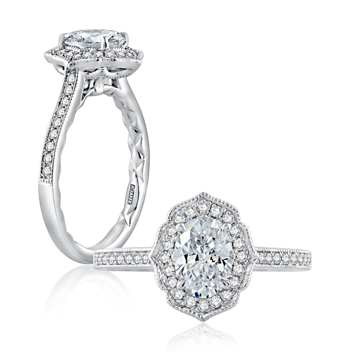 Floral Inspired Milgrain Detail Halo Oval Engagement Ring.