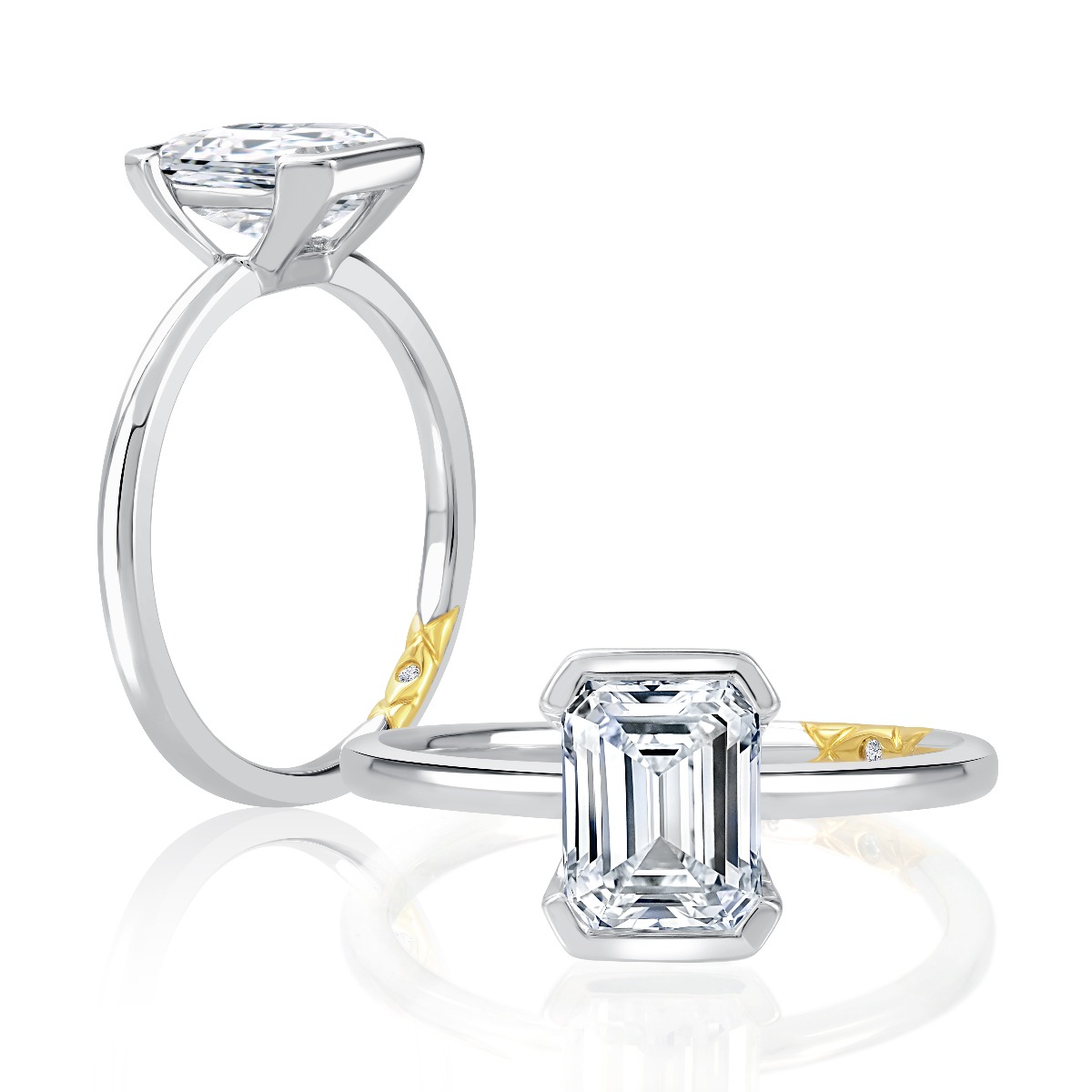 Classic Solitaire Half Bezel Emerald Cut Center Diamond Engagement Ring