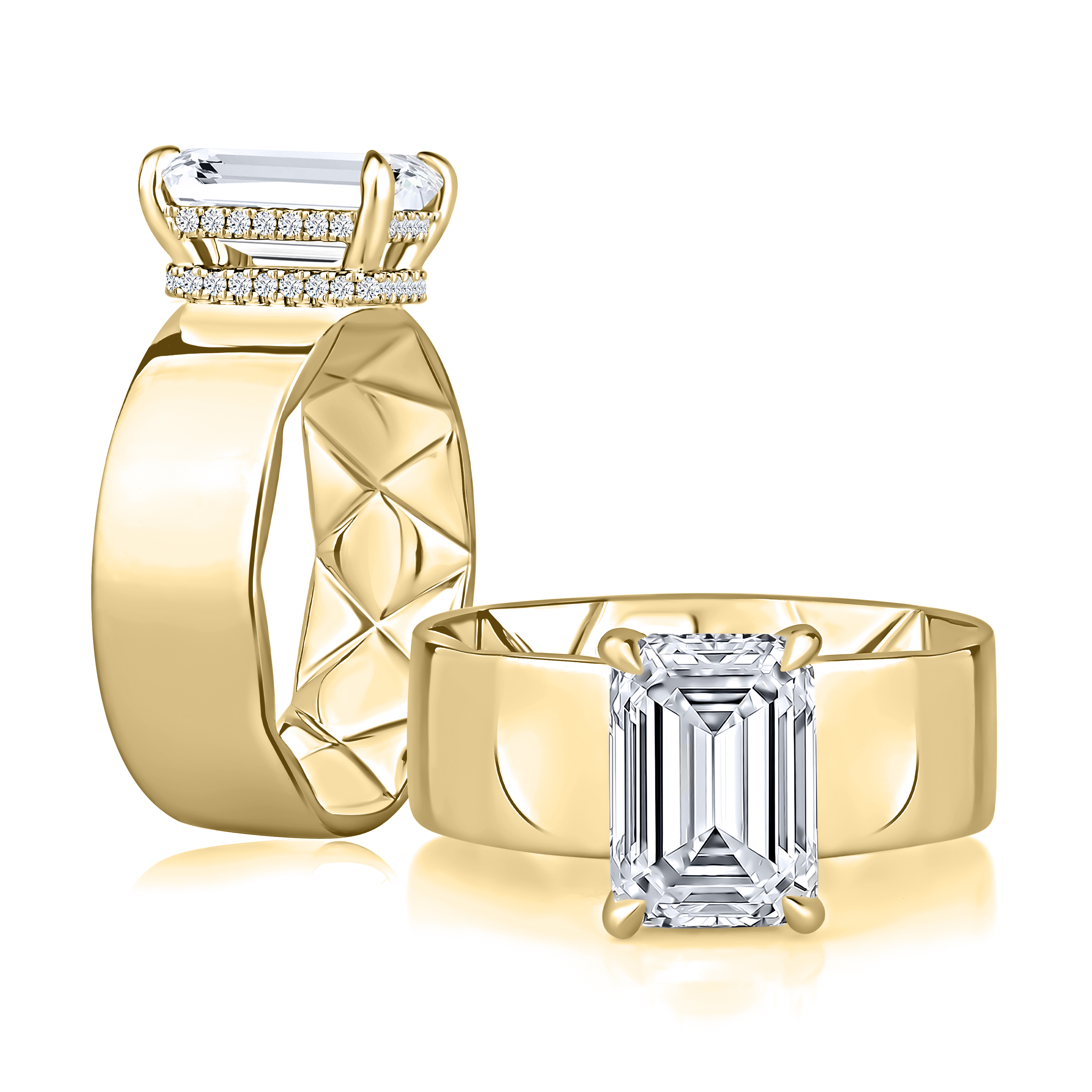 Modern Bezel Set Emerald Diamond Ring with Diamond Studded Gallery Rail and Quilts® Interior