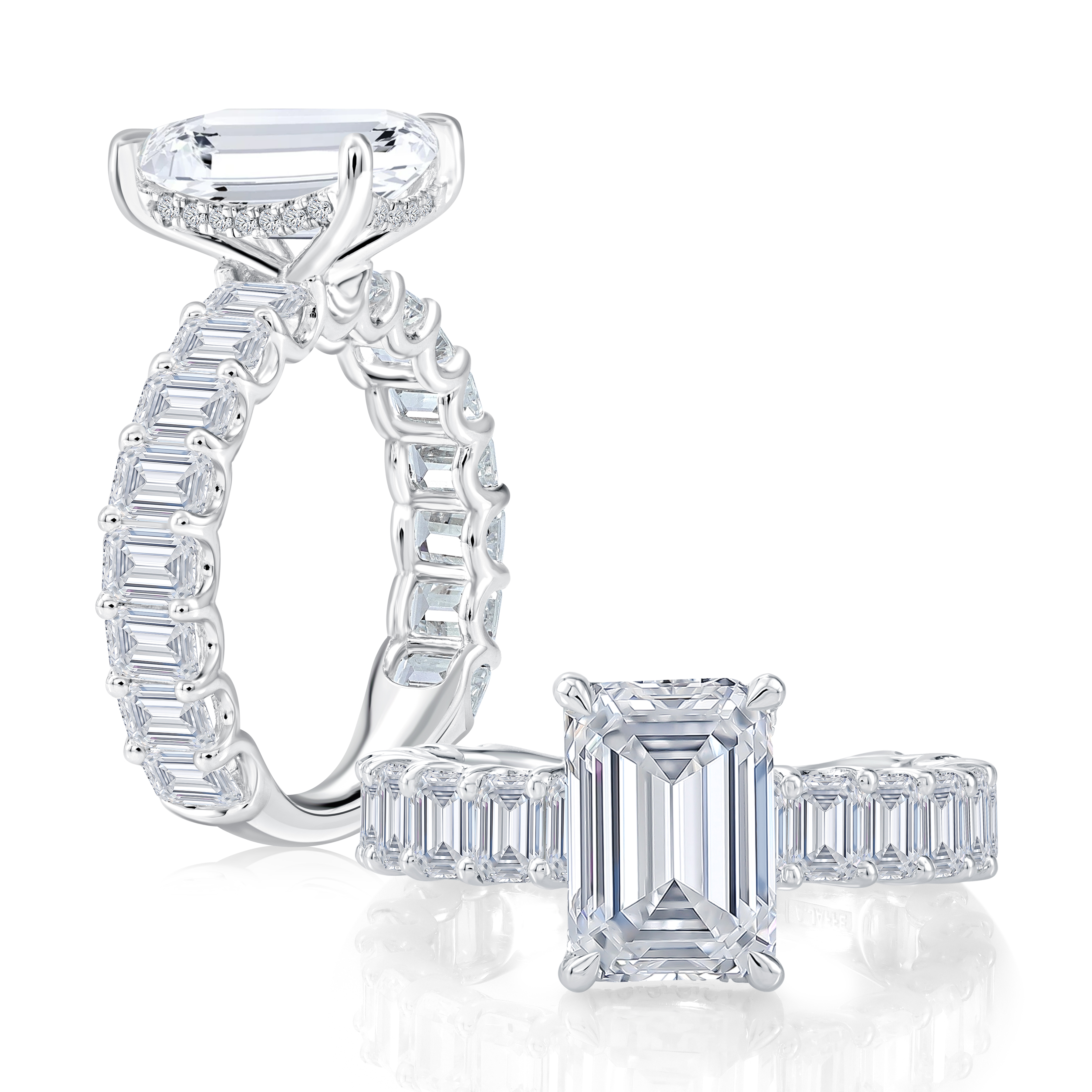 Hidden Halo Emerald Center Diamond Engagement Ring with Three Quarters Luminelle Diamond Band 