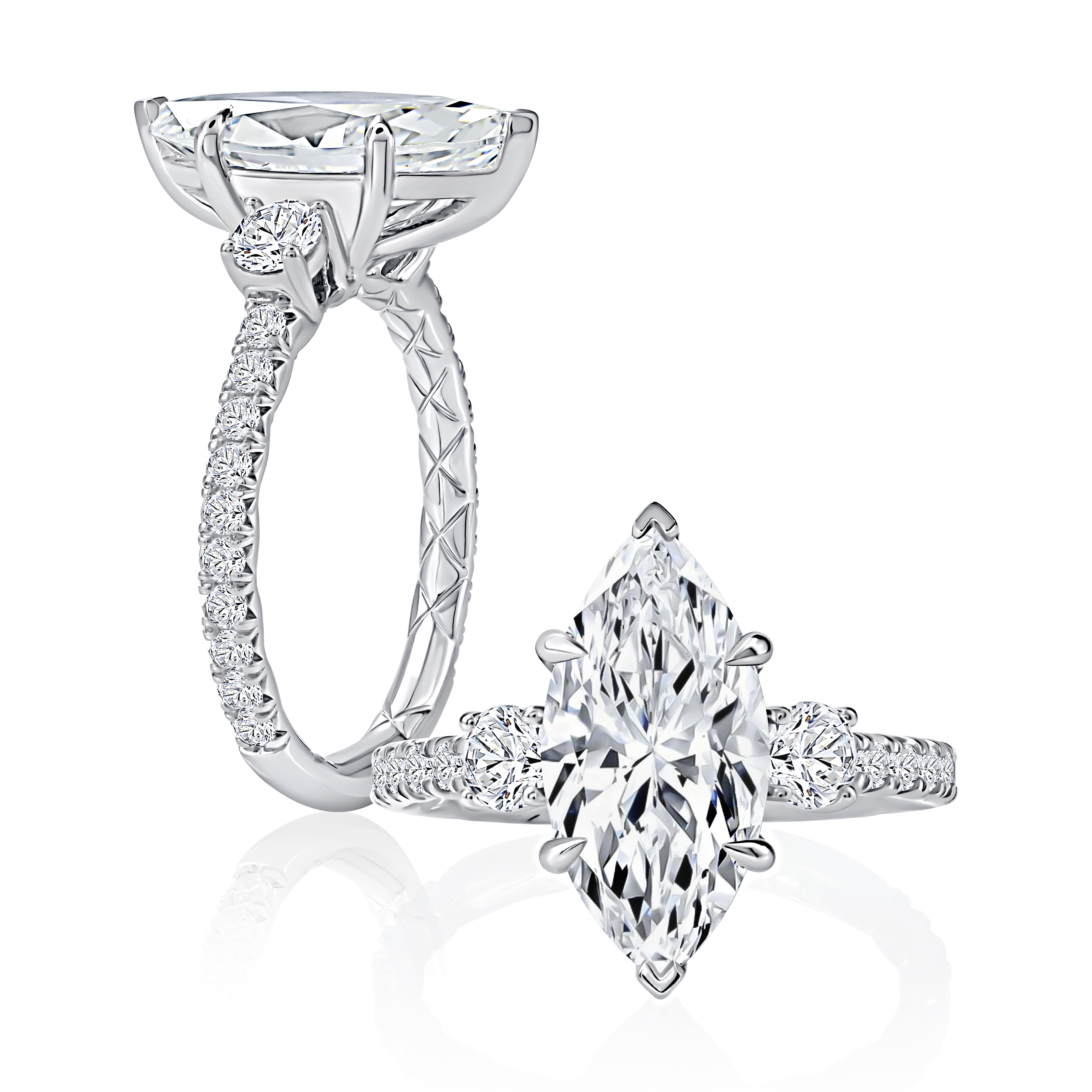 Three-Stone Marquise Diamond Engagement Ring with Pave Band and Quilts® Interior