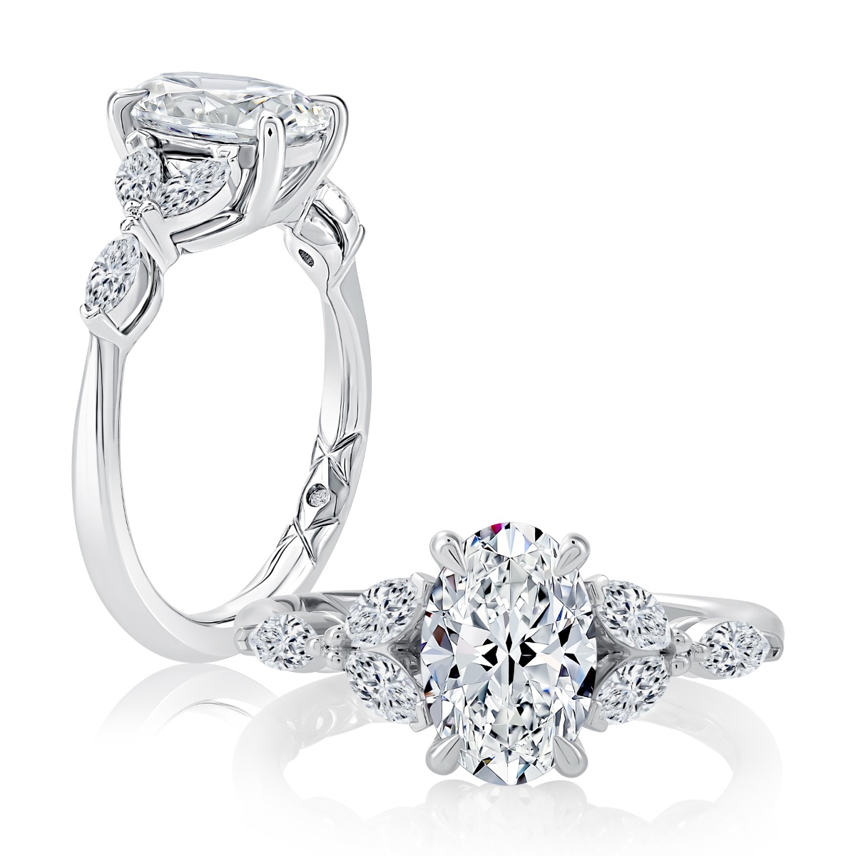 Floral Inspired Oval Engagement Ring with Marquise Side Stones