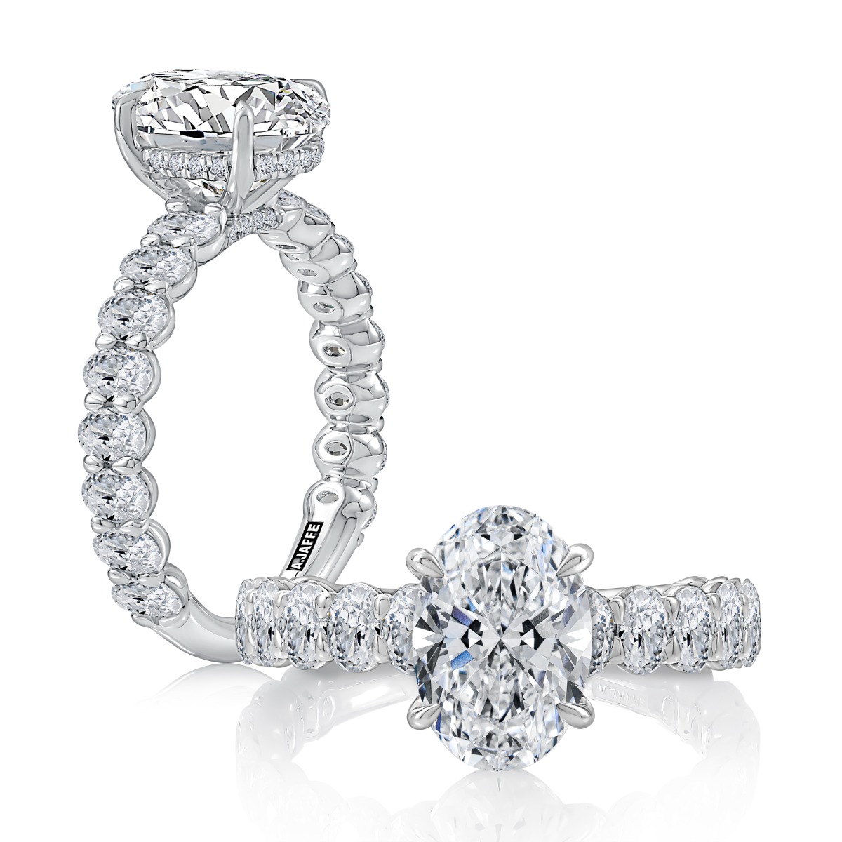 Four Claw Prongs Hidden Halo Oval Center Engagement Ring with Shared Prongs Oval Diamond Band