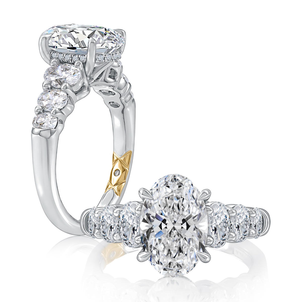 Classic Four Prong Oval Center Diamond Engagement Ring with Oval Shaped Side Stones