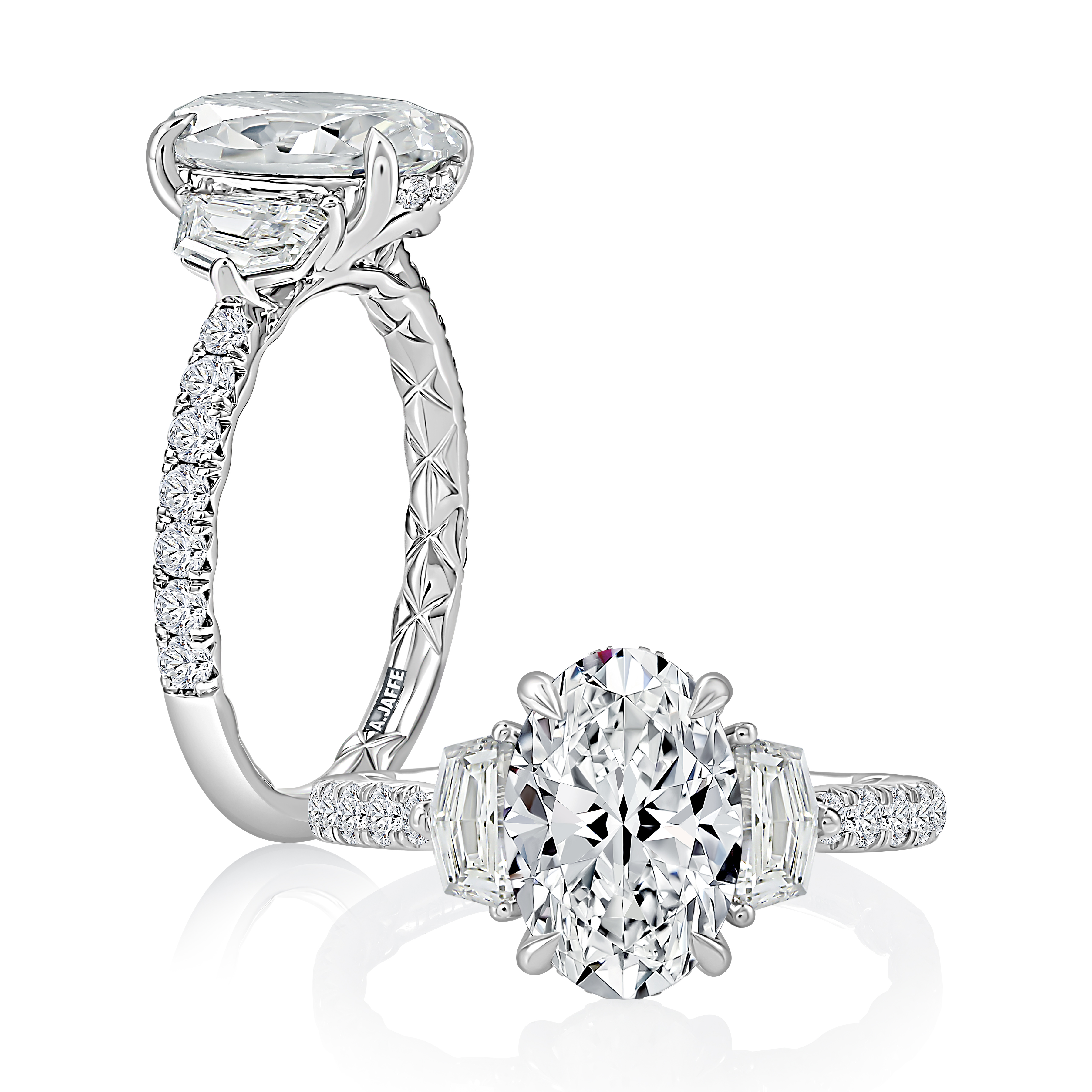 Oval Center Diamond Engagement Ring with Cadillac Side Stones and Quilts® Interior