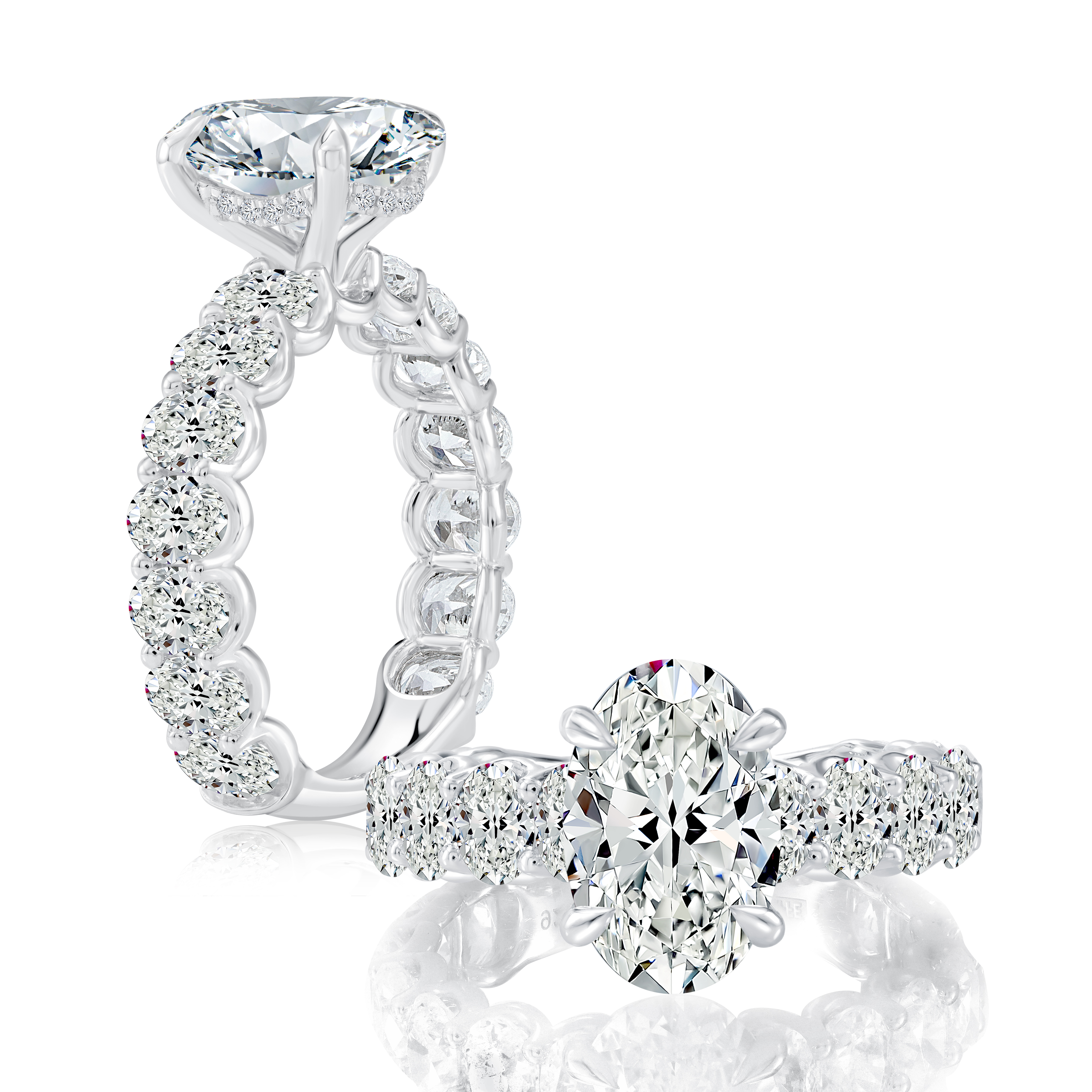 Hidden Halo Oval Center Diamond Engagement Ring with Three Quarters Lumelle Diamond Band 