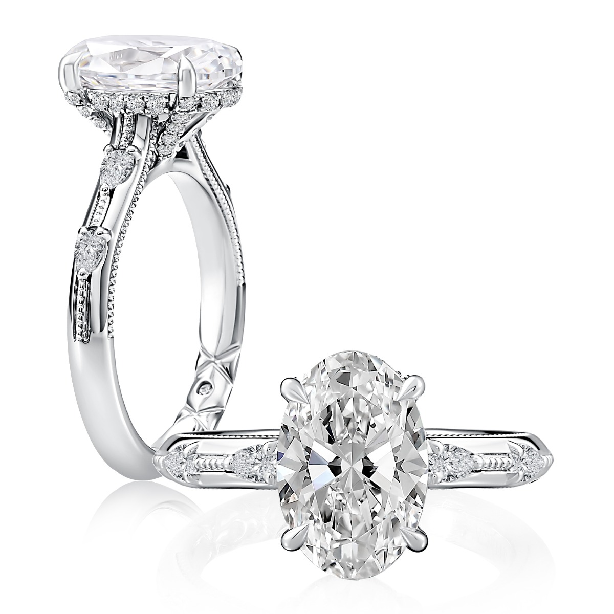 Oval Diamond Engagement Ring with Milgrain Pear Accents