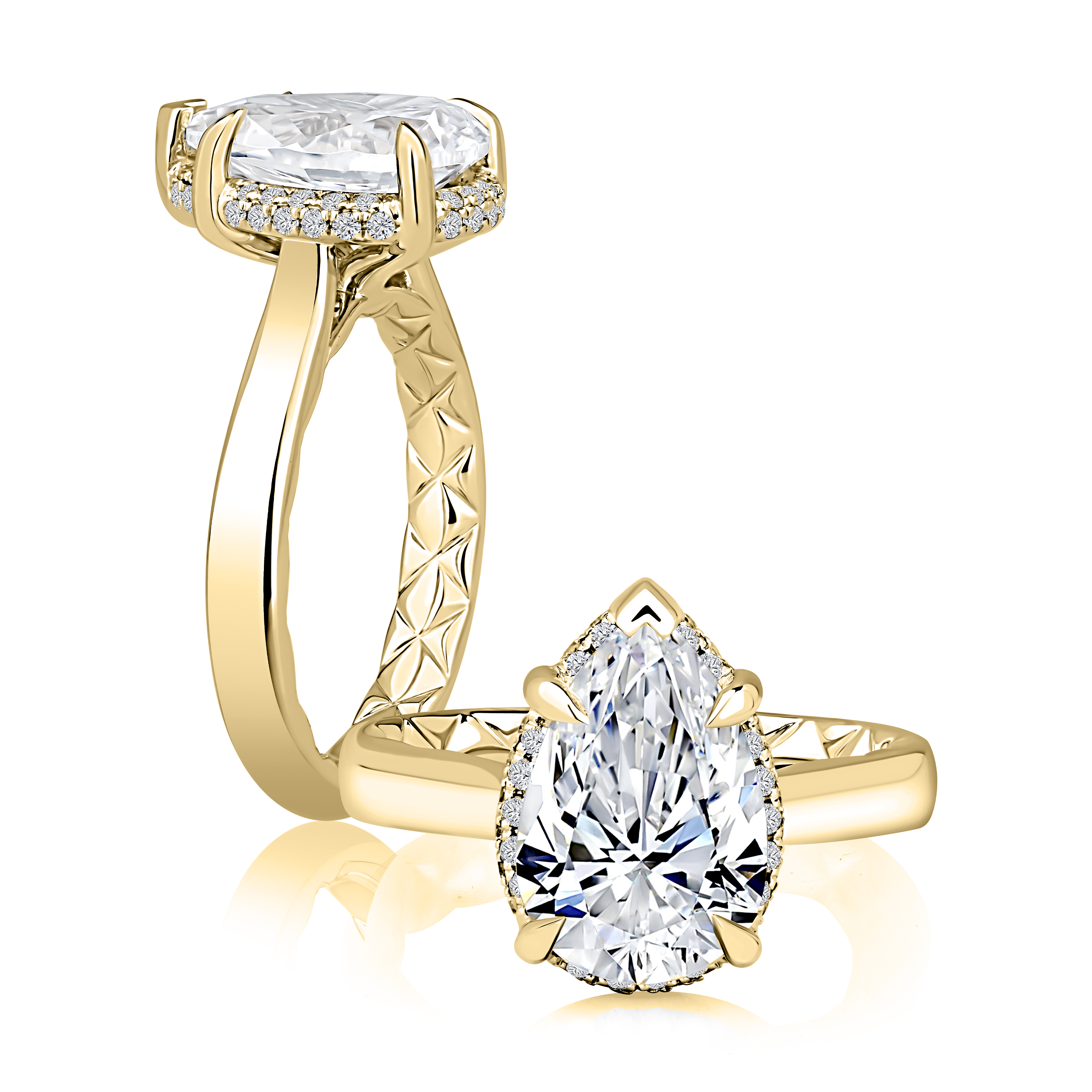 Four Prong Pear Diamond Engagement Ring with Hidden Halo and Quilts® Interior