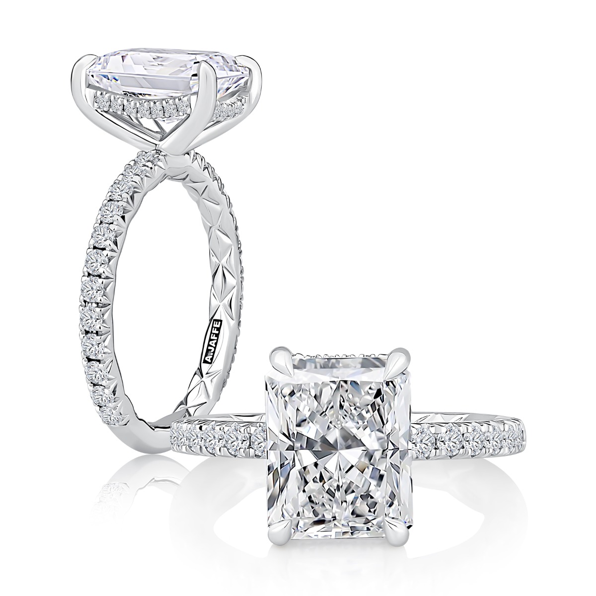 Four Claw Prongs Hidden Halo Radiant Center Diamond Engagement Ring with  Diamond Pave Quilts® Band