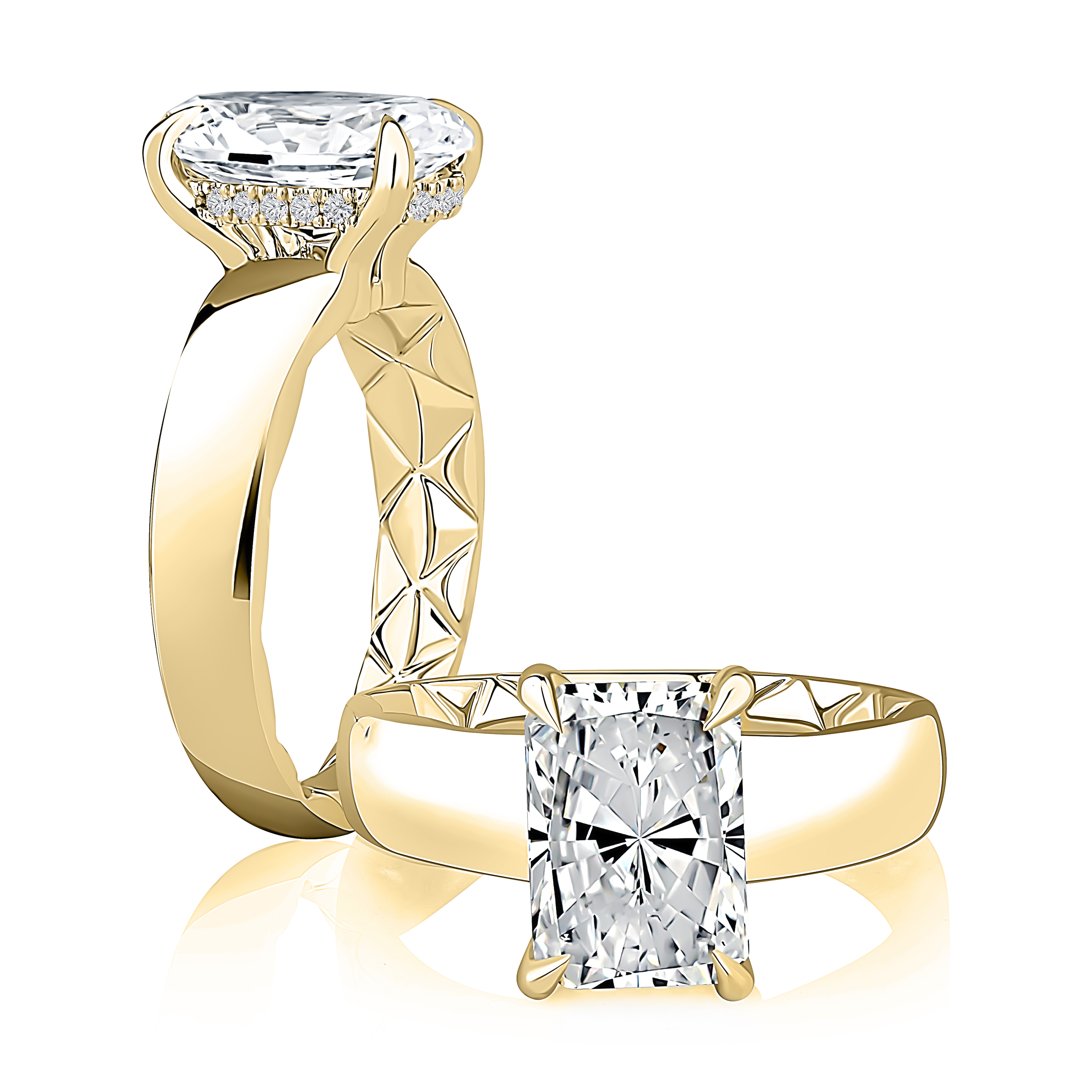 Four Prong Radiant Diamond Engagement Ring with Hidden Halo and Quilts® Interior