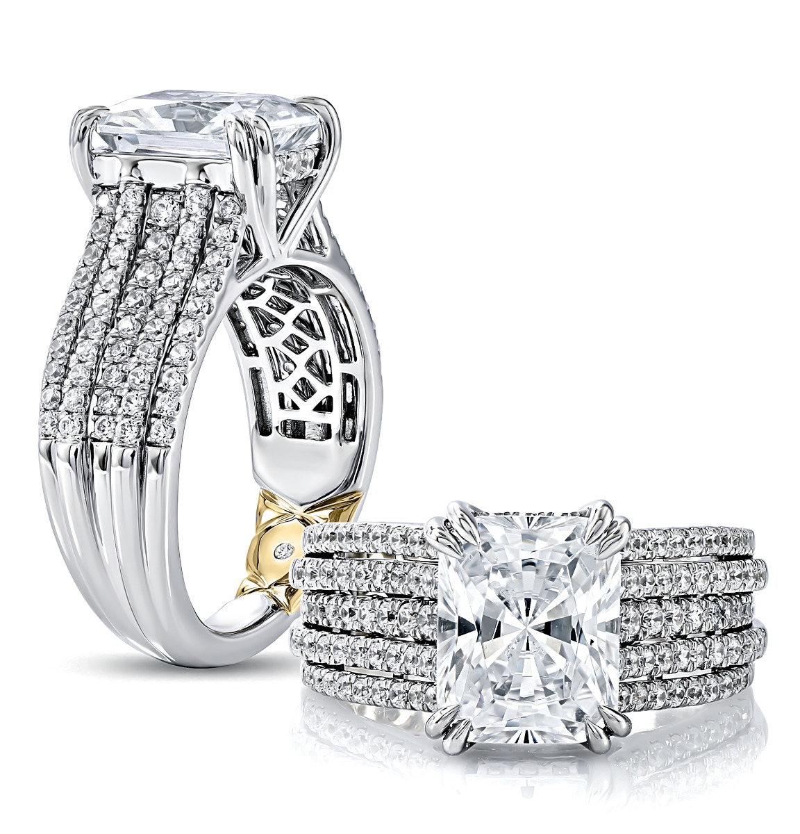 Cushion Cut Engagement Ring with Five Row Diamond Band