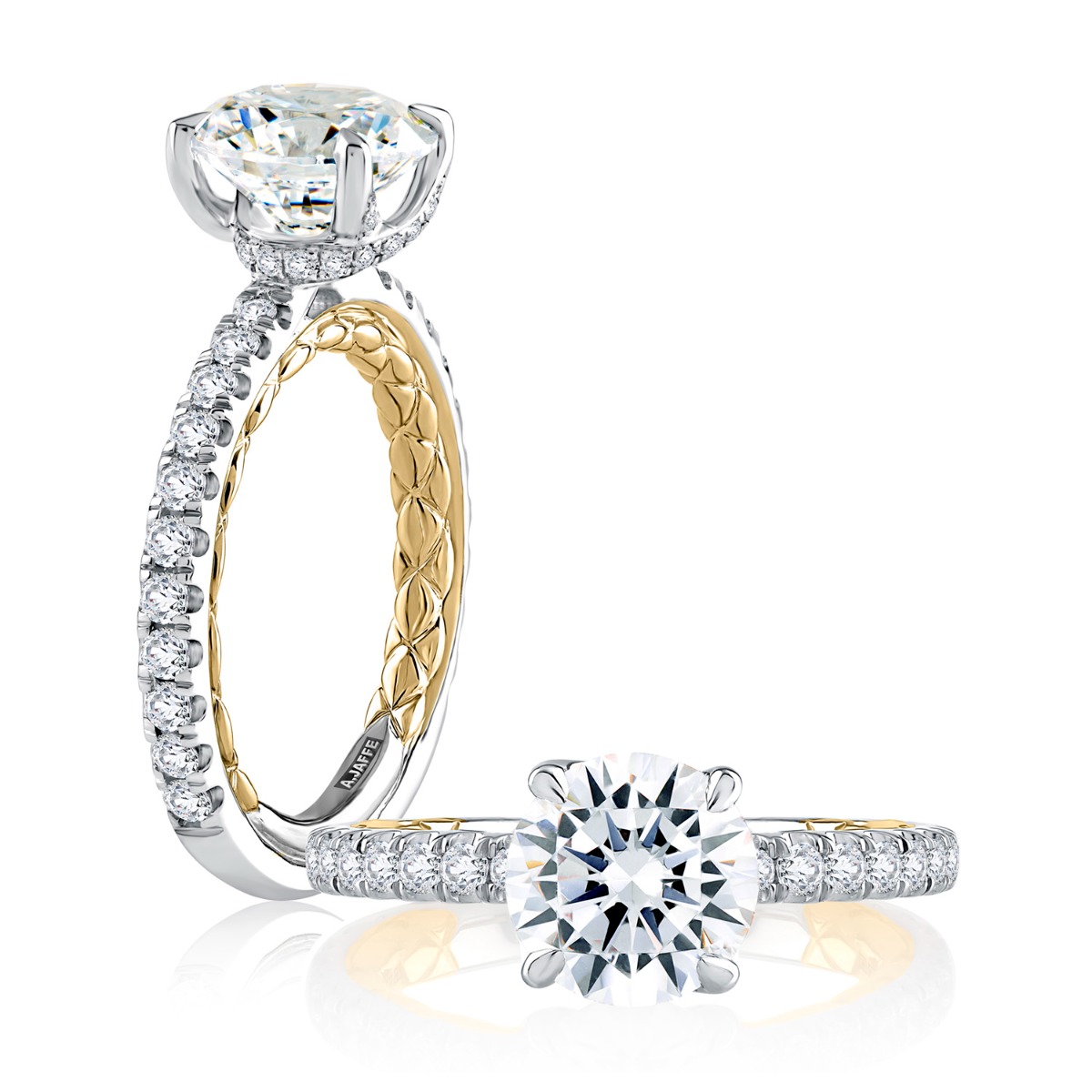 Crossover Prong Two Tone Round Cut Diamond Engagement Ring