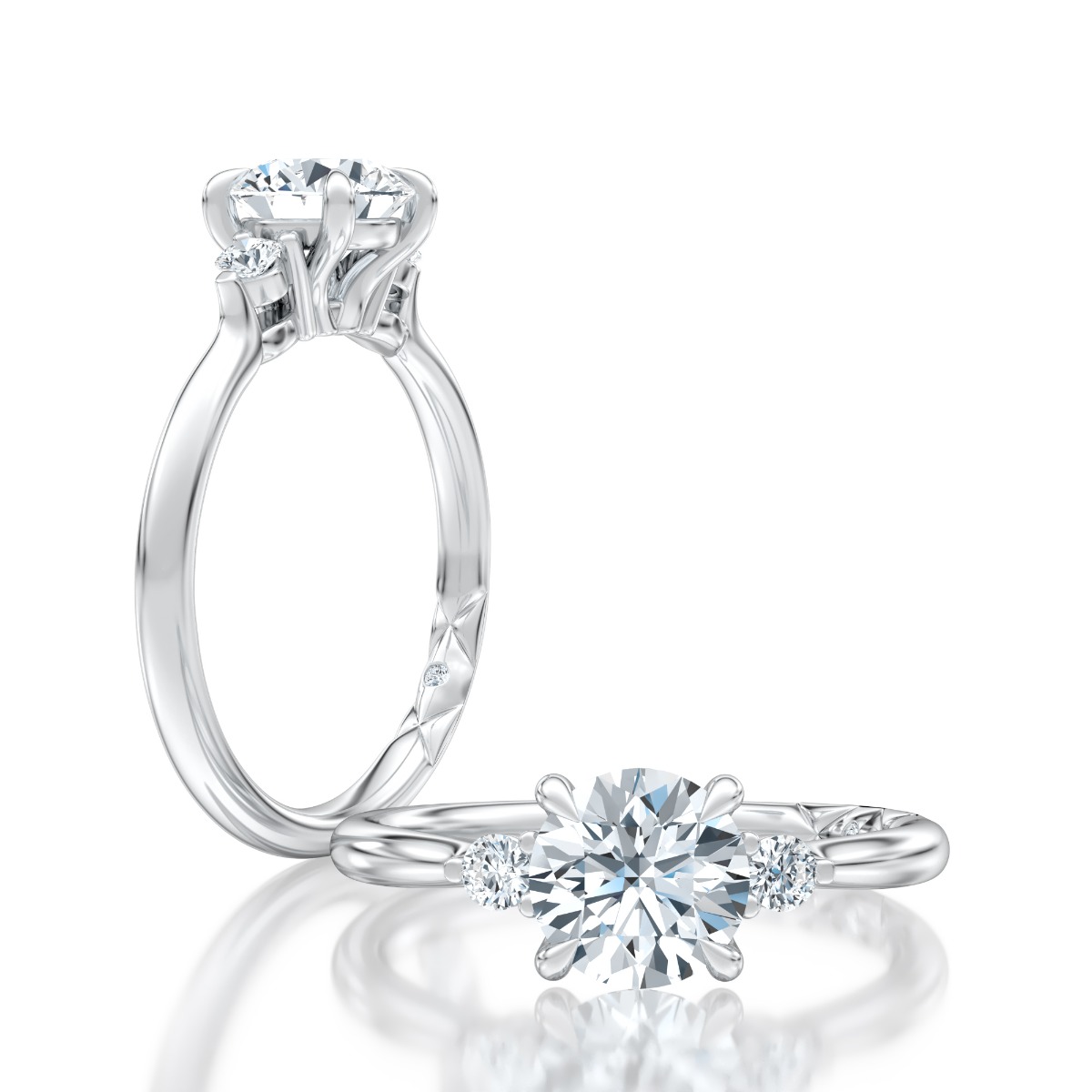 Three Stone Diamond Engagement Ring with Round Side Stones