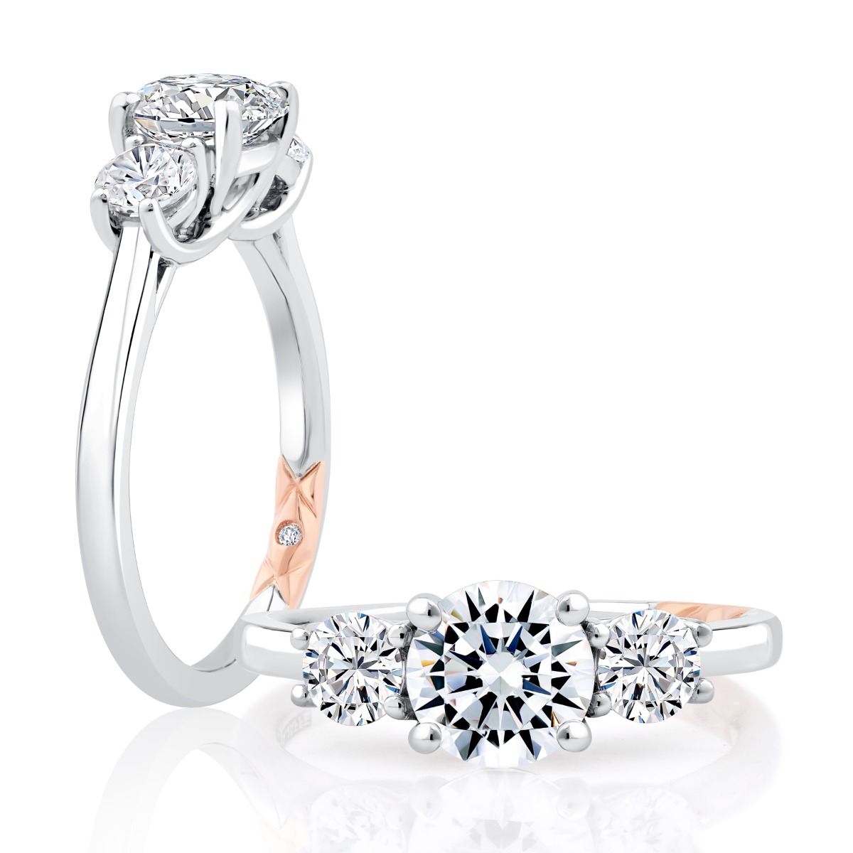 Three Stone Round Center  Trellis Engagement Ring