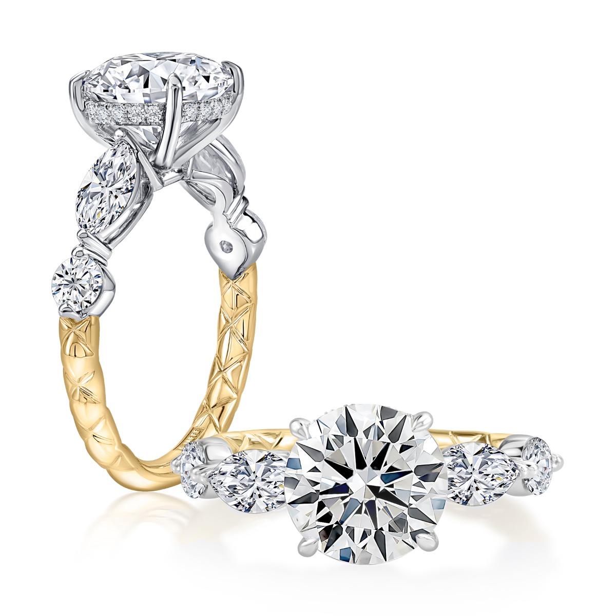 Classic Round Engagement Ring with Alternating Marquise and Round Side Stones