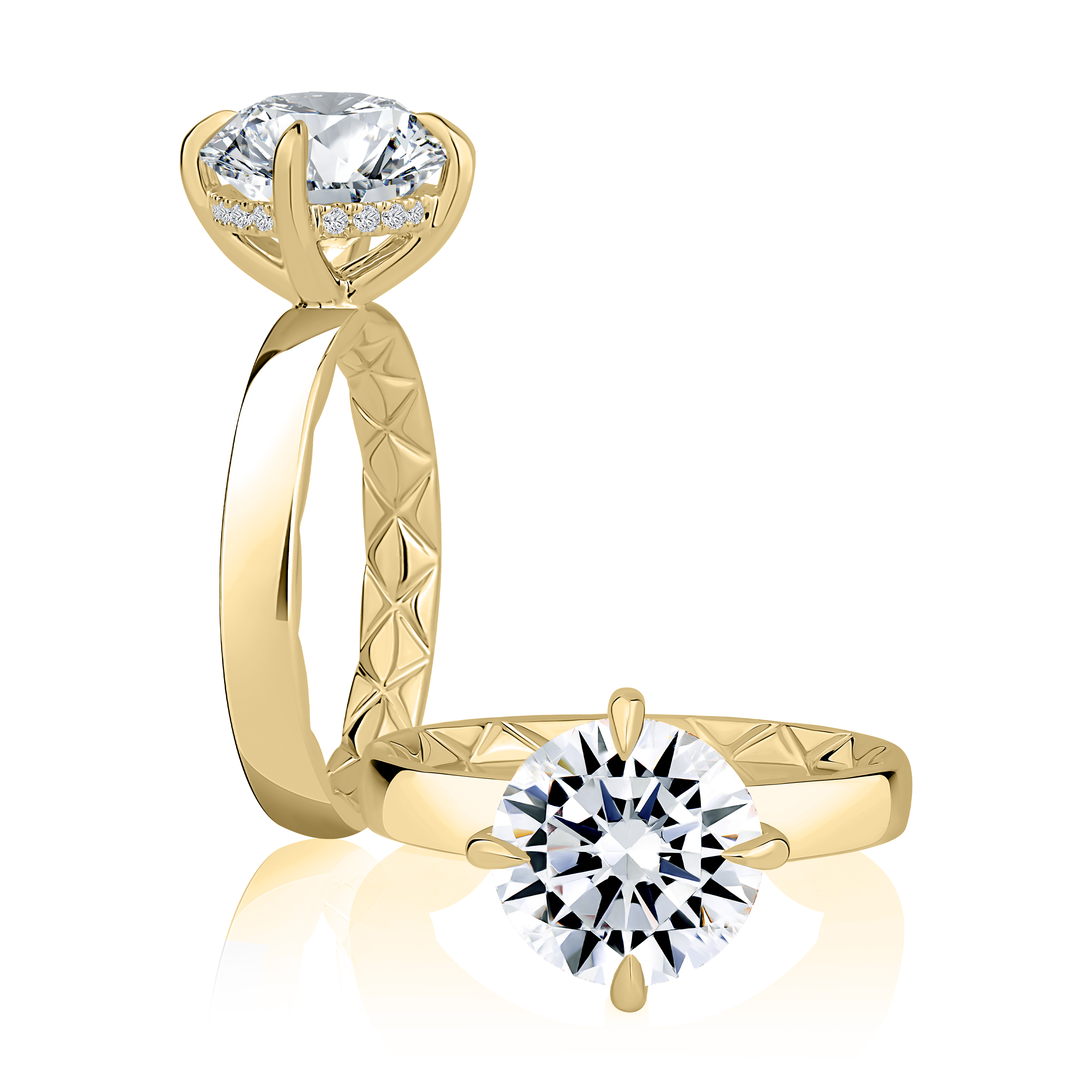 Four Prong Round Diamond Engagement Ring with Quilts® Interior and Hidden Halo