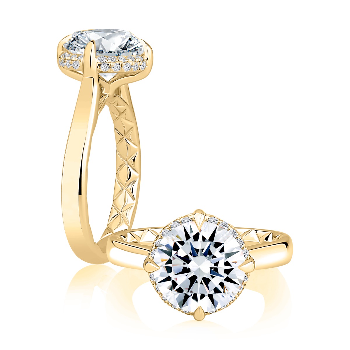 Solitaire Round Center Diamond Engagement Ring with Hidden Halo and Quilts® Interior