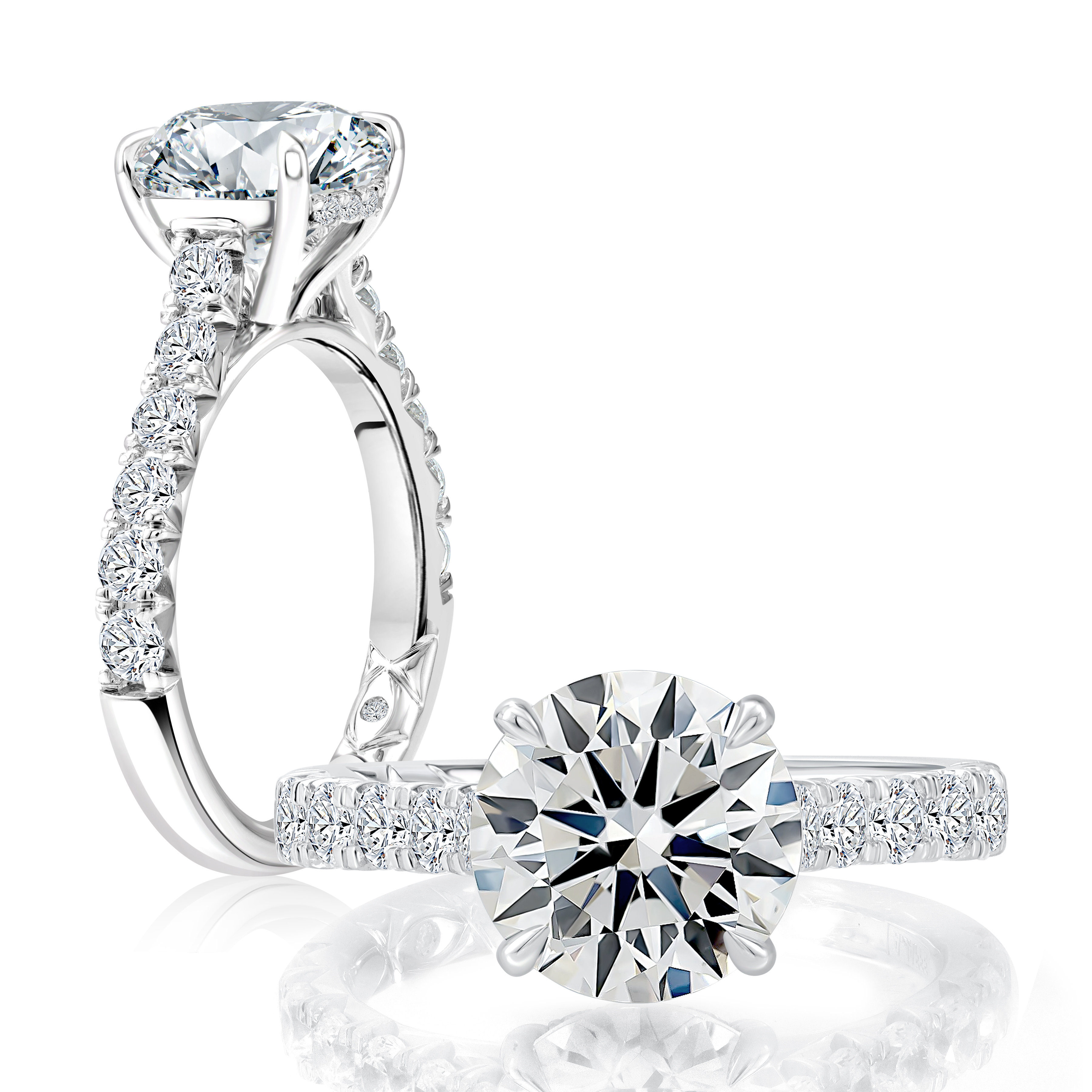 Four Prongs Round Center Diamond Enagagement Ring with Diamond Gallery Rail and Halfway Pave Band