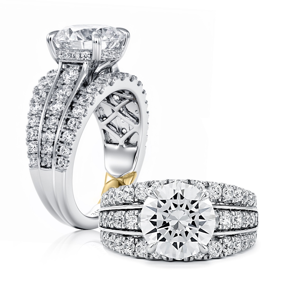 Triple Row Diamond Engagement Ring with Hidden Halo
