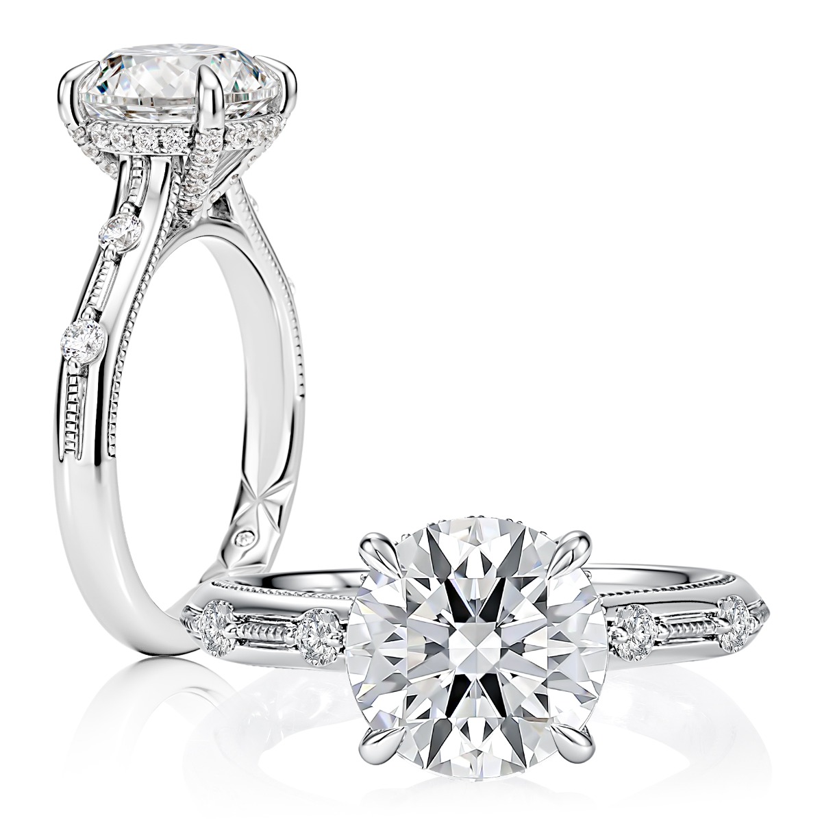 Round Diamond Engagement Ring with Milgrain Diamond Accents