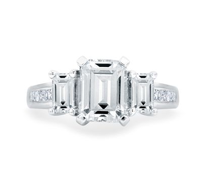 Classic Emerald Three stone Prong Set Engagement Ring
