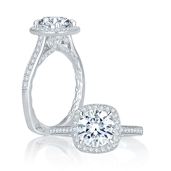 Intricate Channel Set with Milgrain Detail Cushion Halo Quilts® Engagement Ring