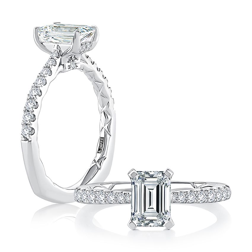 Tapered Emerald Cut Diamond Pave Engagement Ring With Quilts® Interior