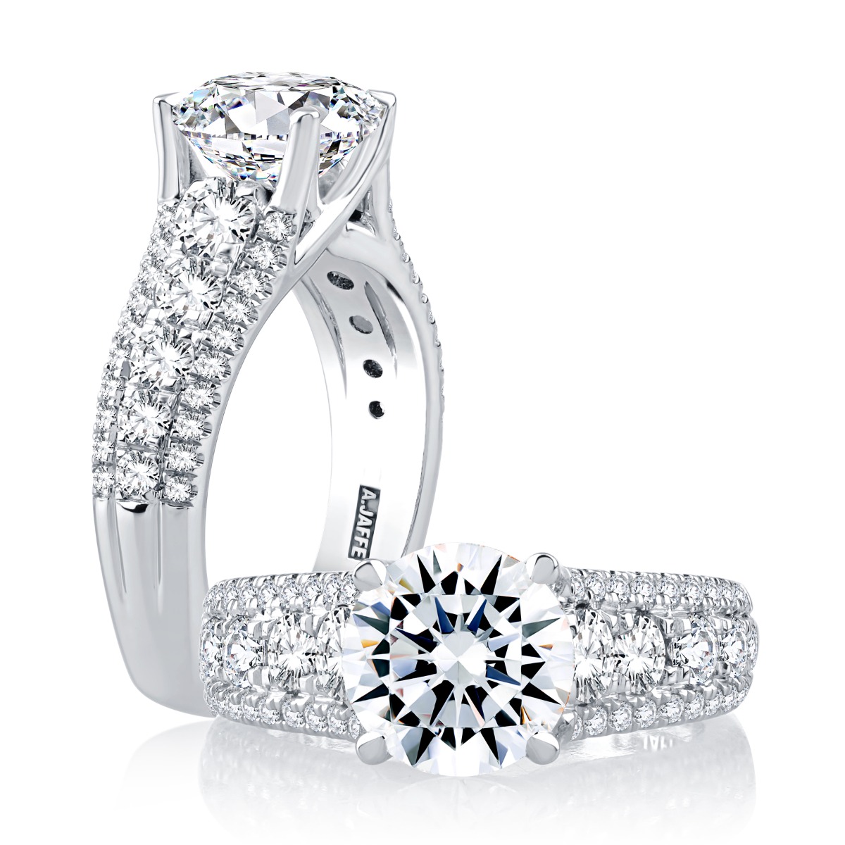 Modern Three Row Diamond Pave Engagement Ring