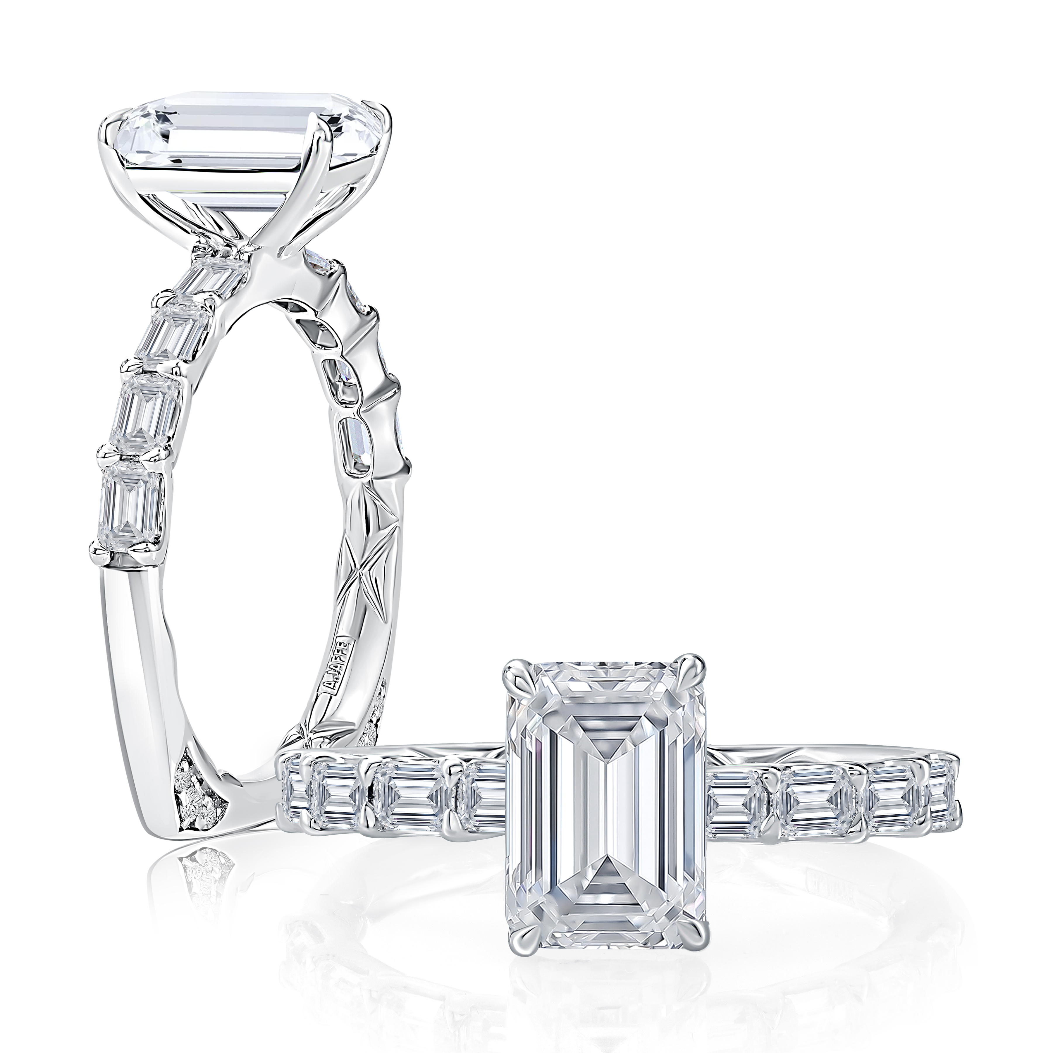 Emerald Center Diamond Engagement Ring with East West Set Emerald Diamond Band and Signature Shank®